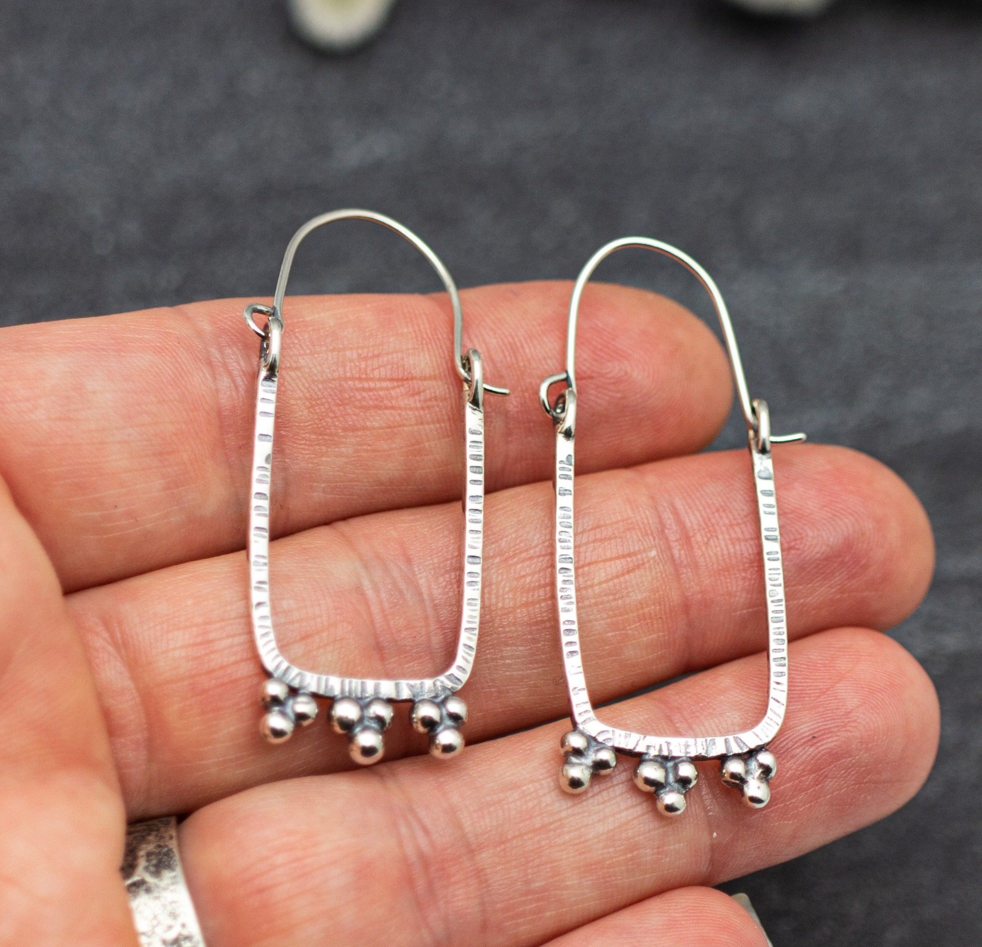 Rectangle Granulated Hoop Earrings in Sterling Silver