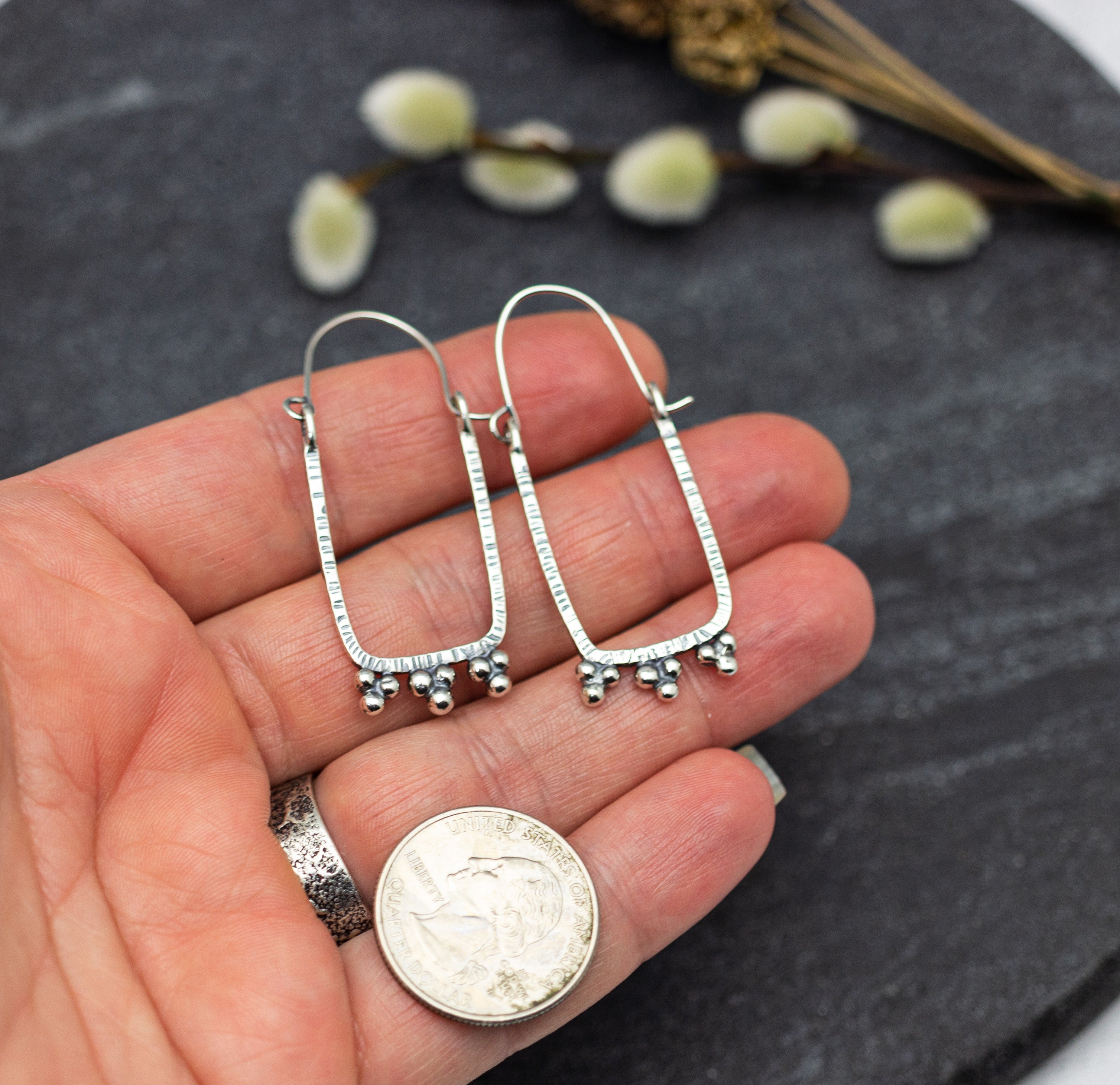 Rectangle Granulated Hoop Earrings in Sterling Silver