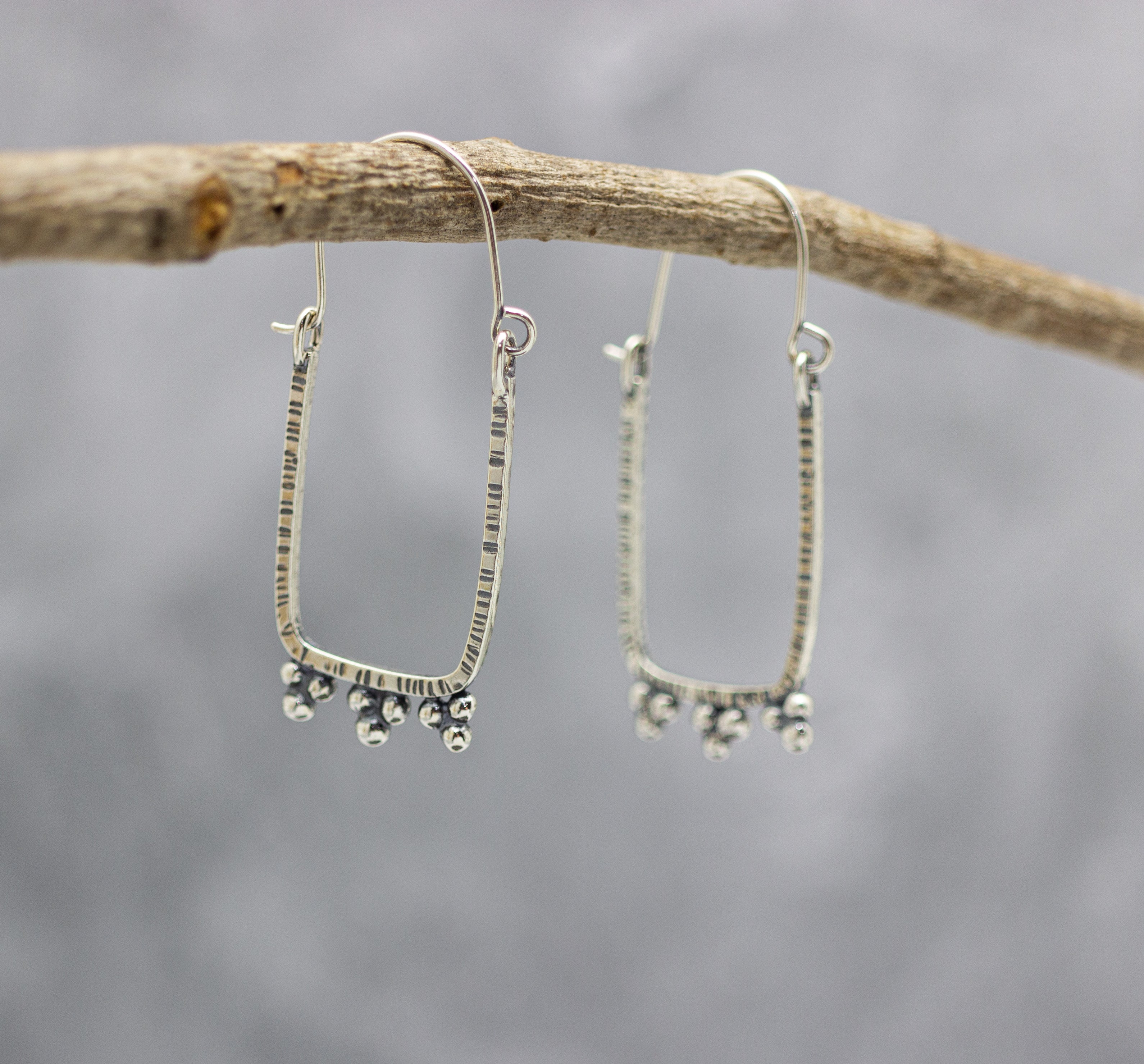 Rectangle Granulated Hoop Earrings in Sterling Silver