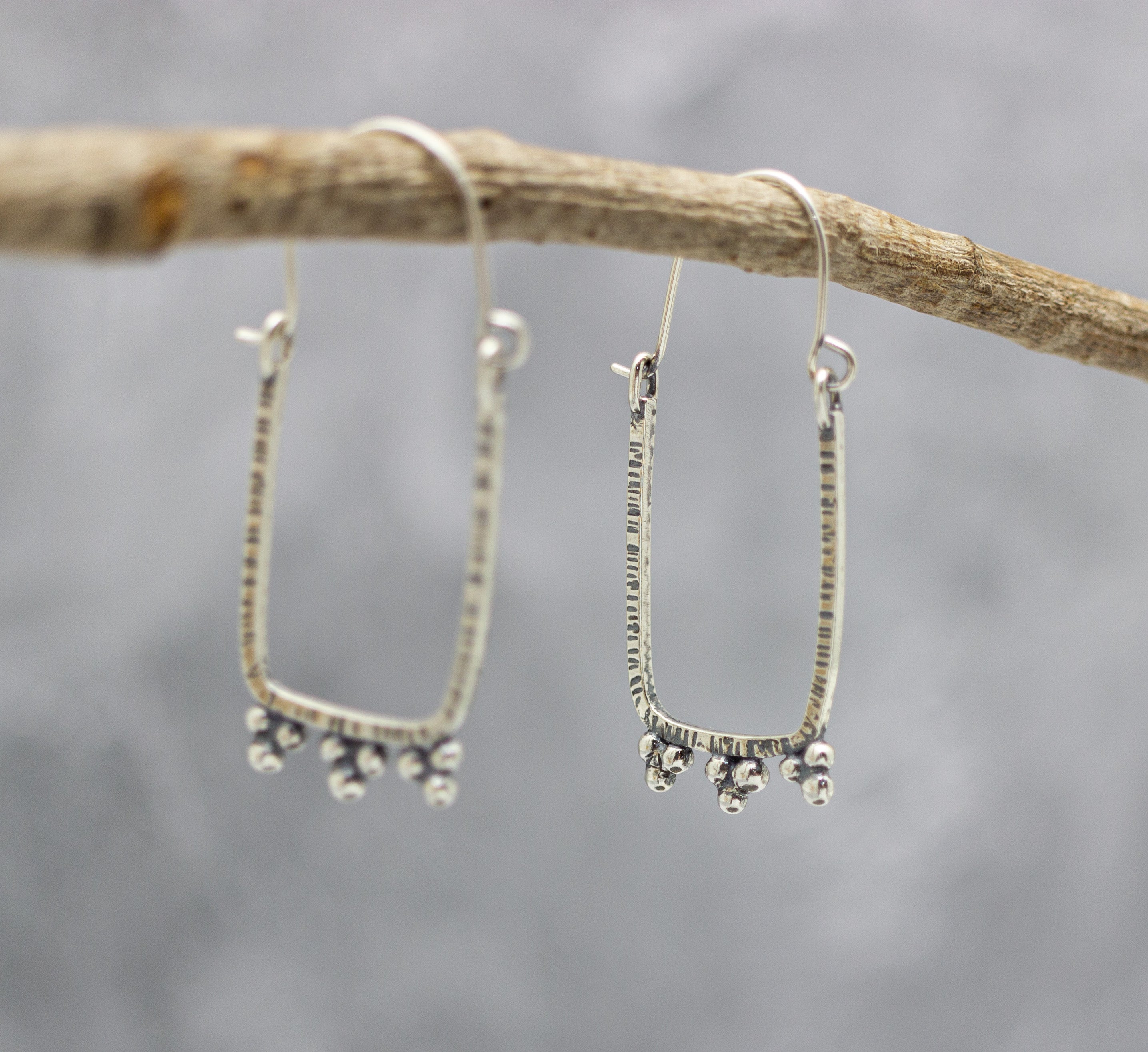 Rectangle Granulated Hoop Earrings in Sterling Silver
