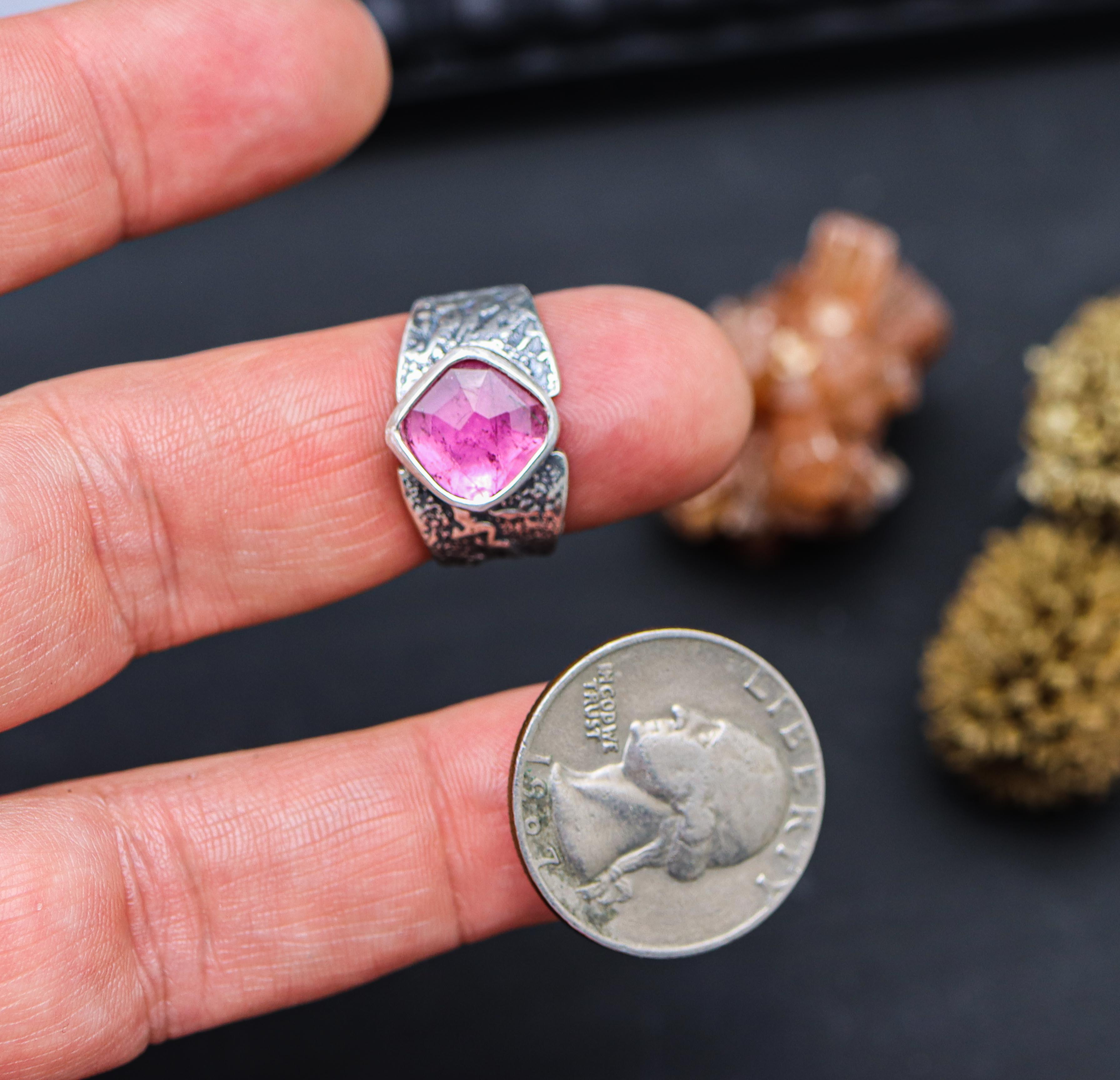 Pink Tourmaline Sterling Silver Wide Band Ring