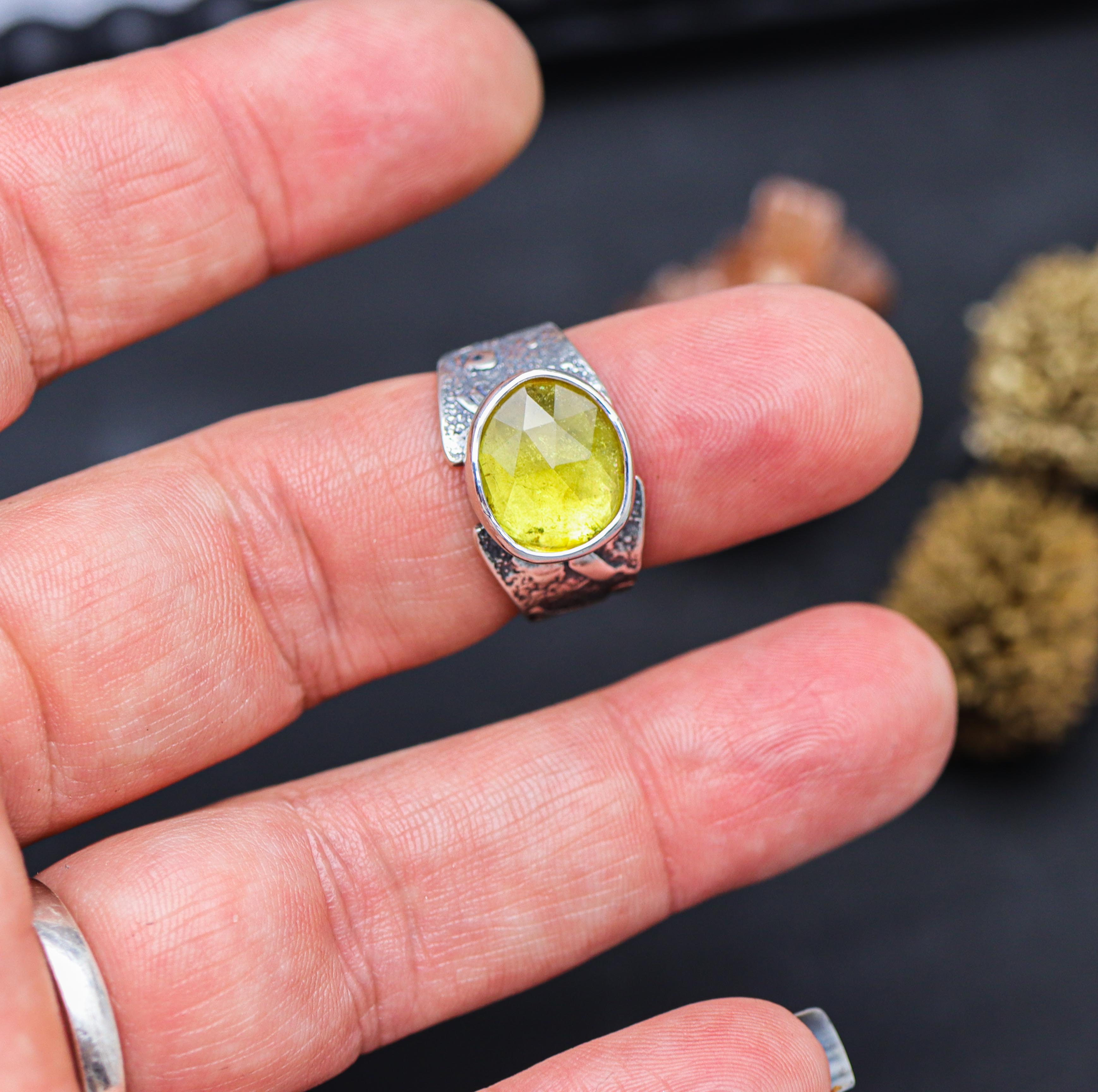 Yellow Tourmaline Sterling Silver Wide Band Ring