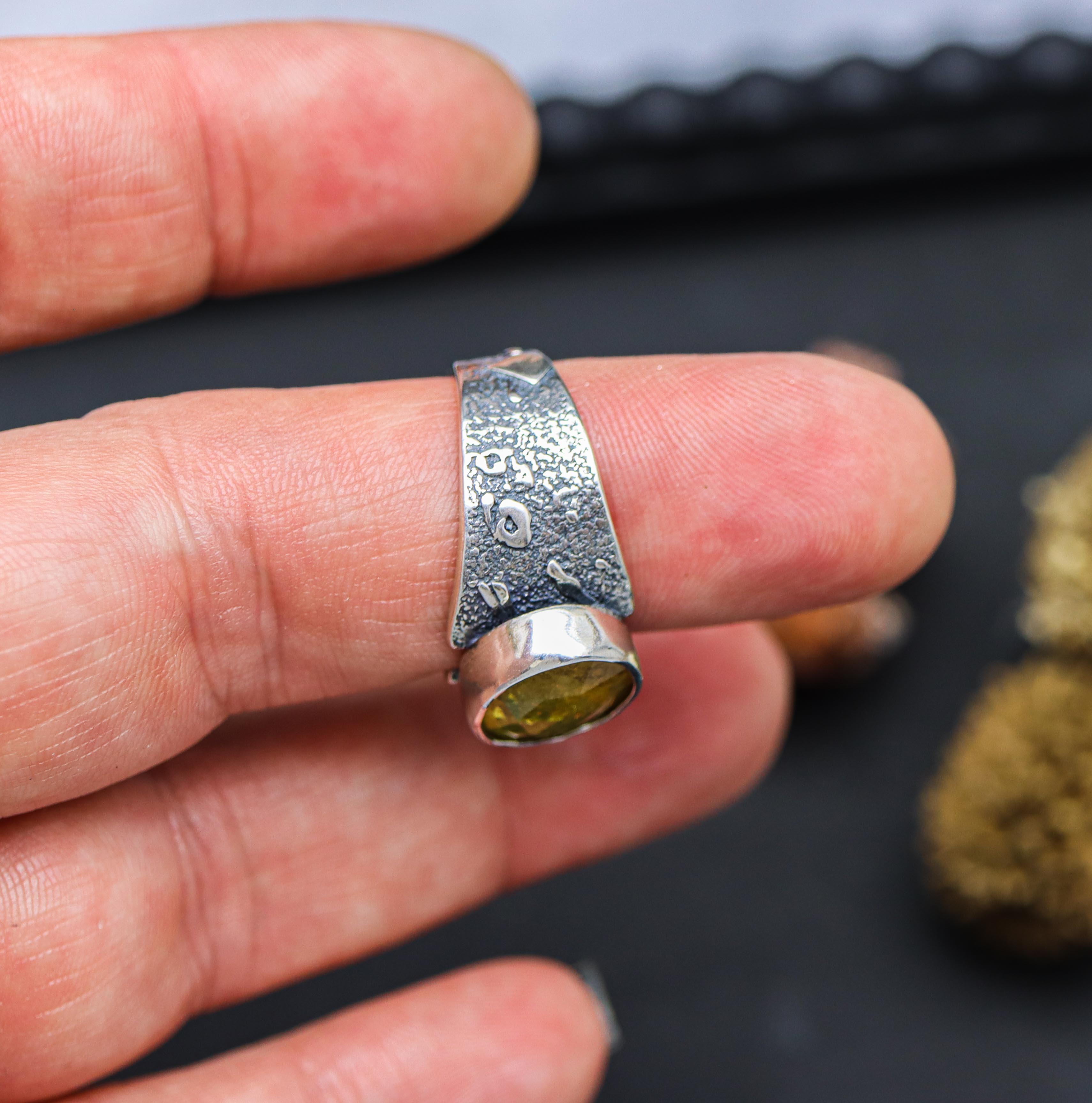 Yellow Tourmaline Sterling Silver Wide Band Ring