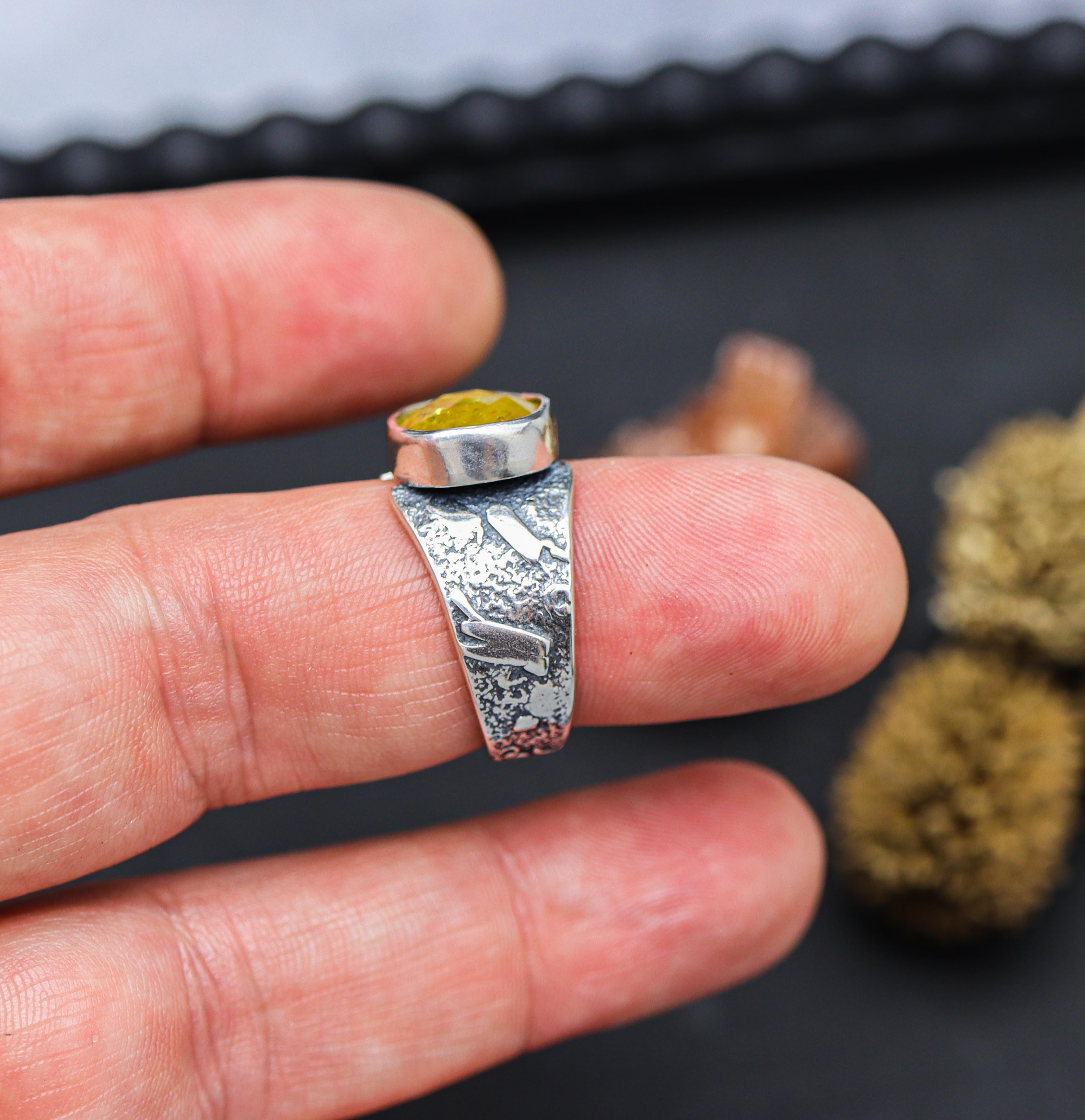 Yellow Tourmaline Sterling Silver Wide Band Ring