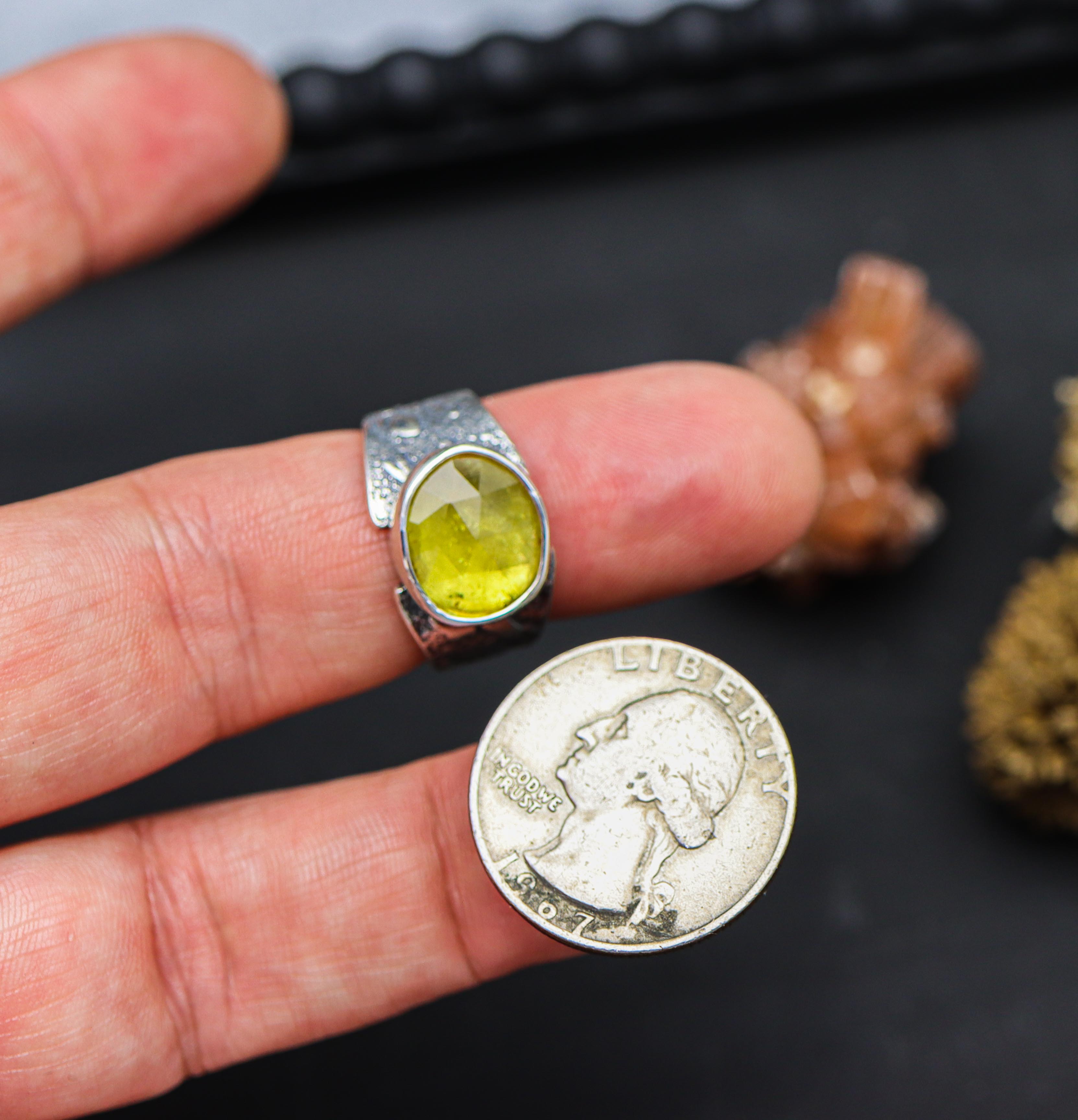 Yellow Tourmaline Sterling Silver Wide Band Ring
