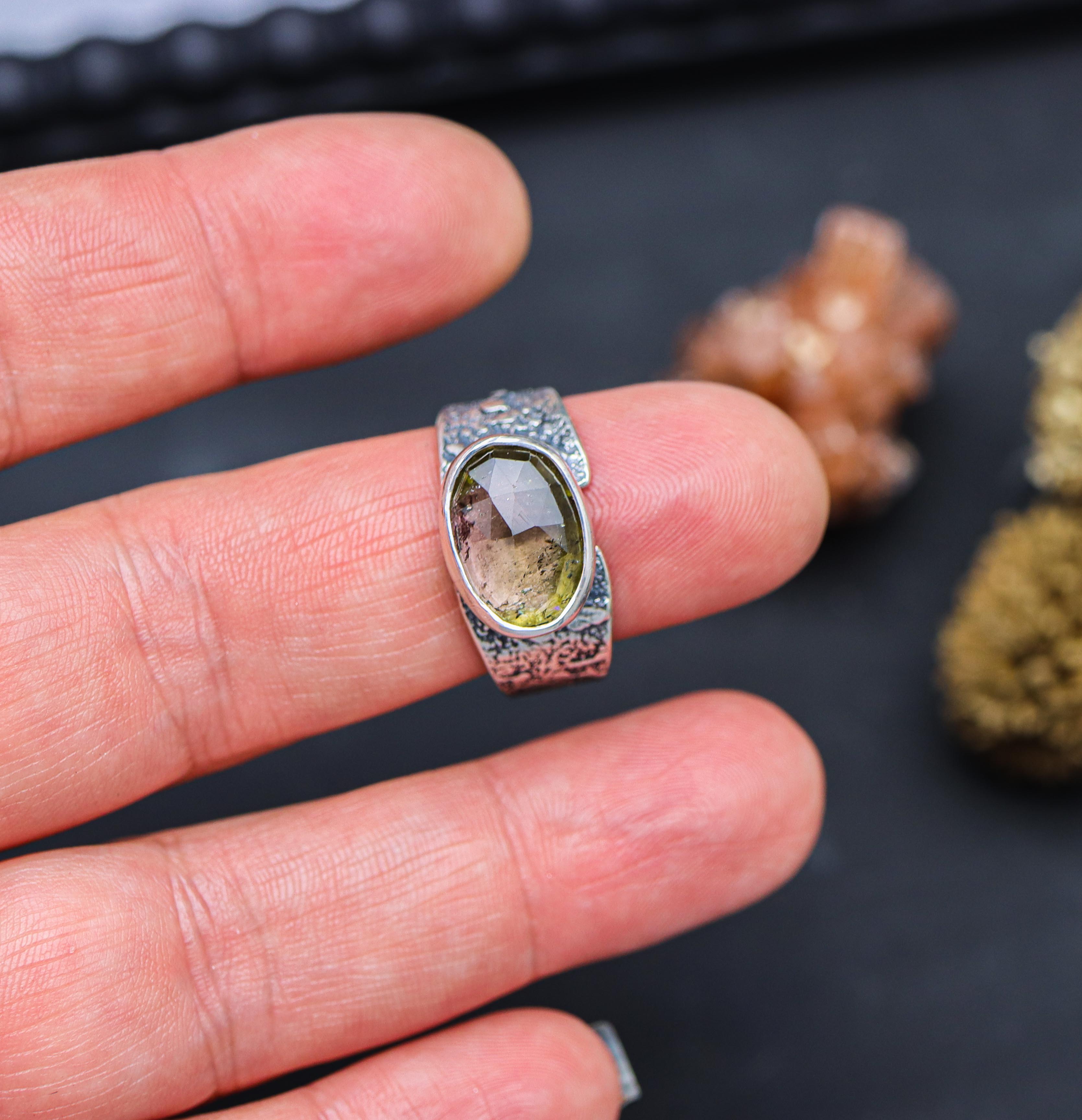 Watermelon Tourmaline Sterling Silver Wide Band Ring