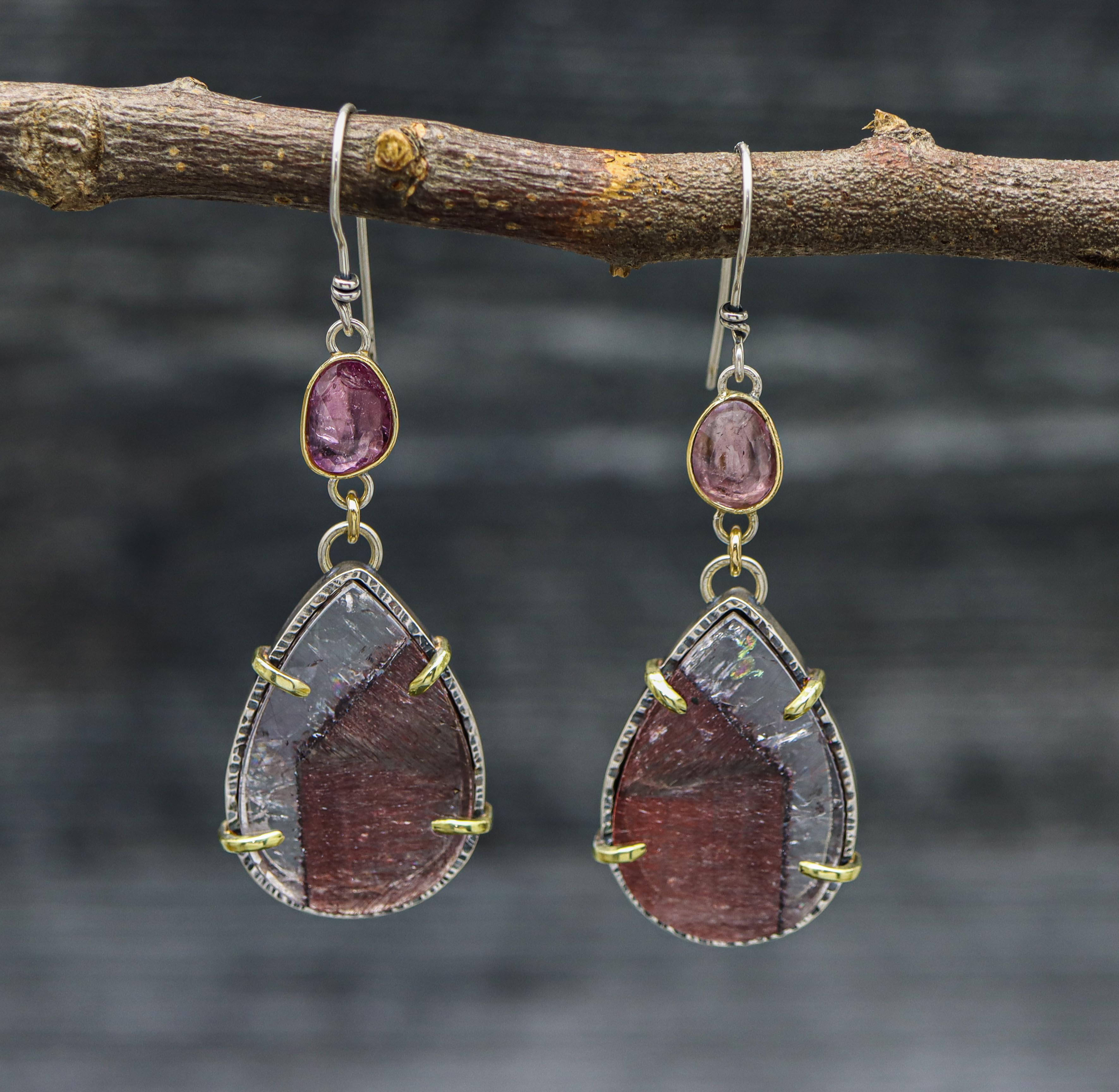 Super Seven and Pink Tourmaline Dangle Earrings Sterling Silver and 18k Gold