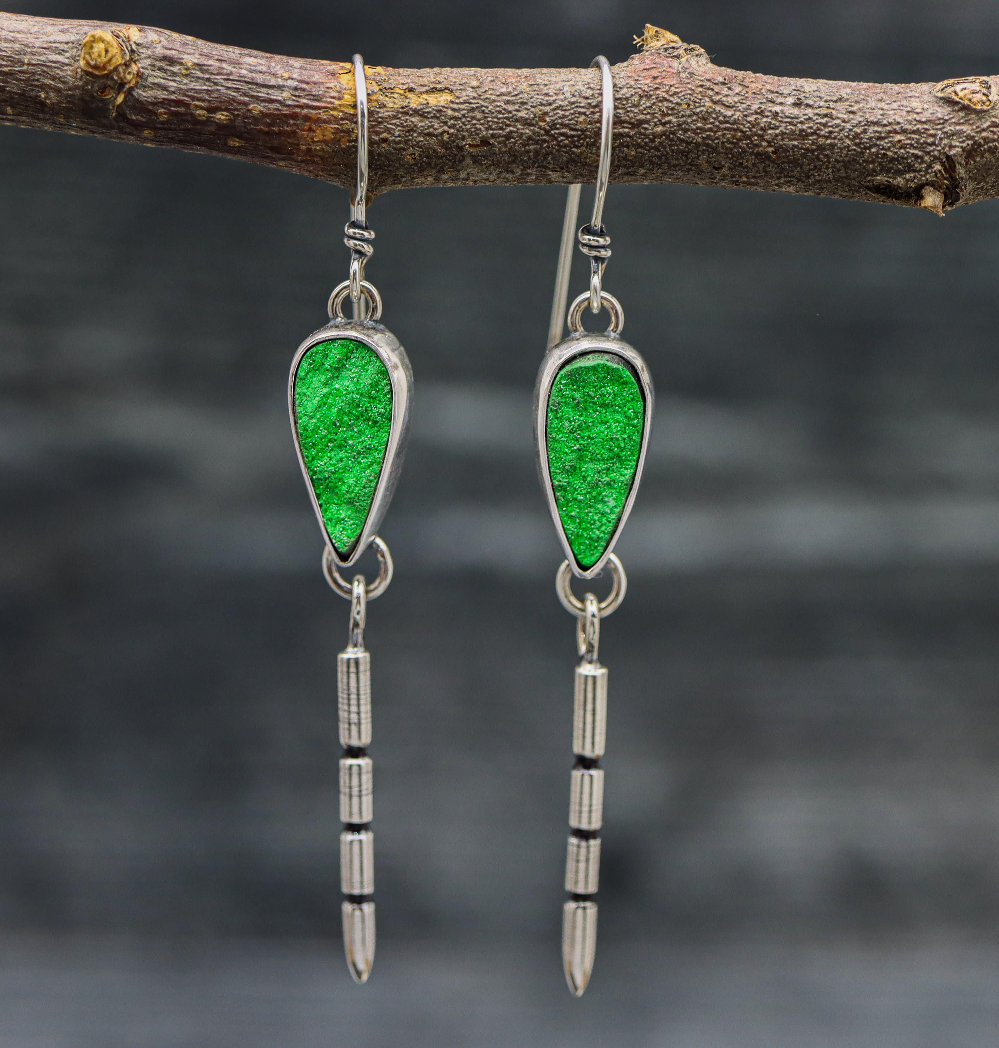 Uvarovite Druzy & Carved Spike Earrings in Sterling Silver