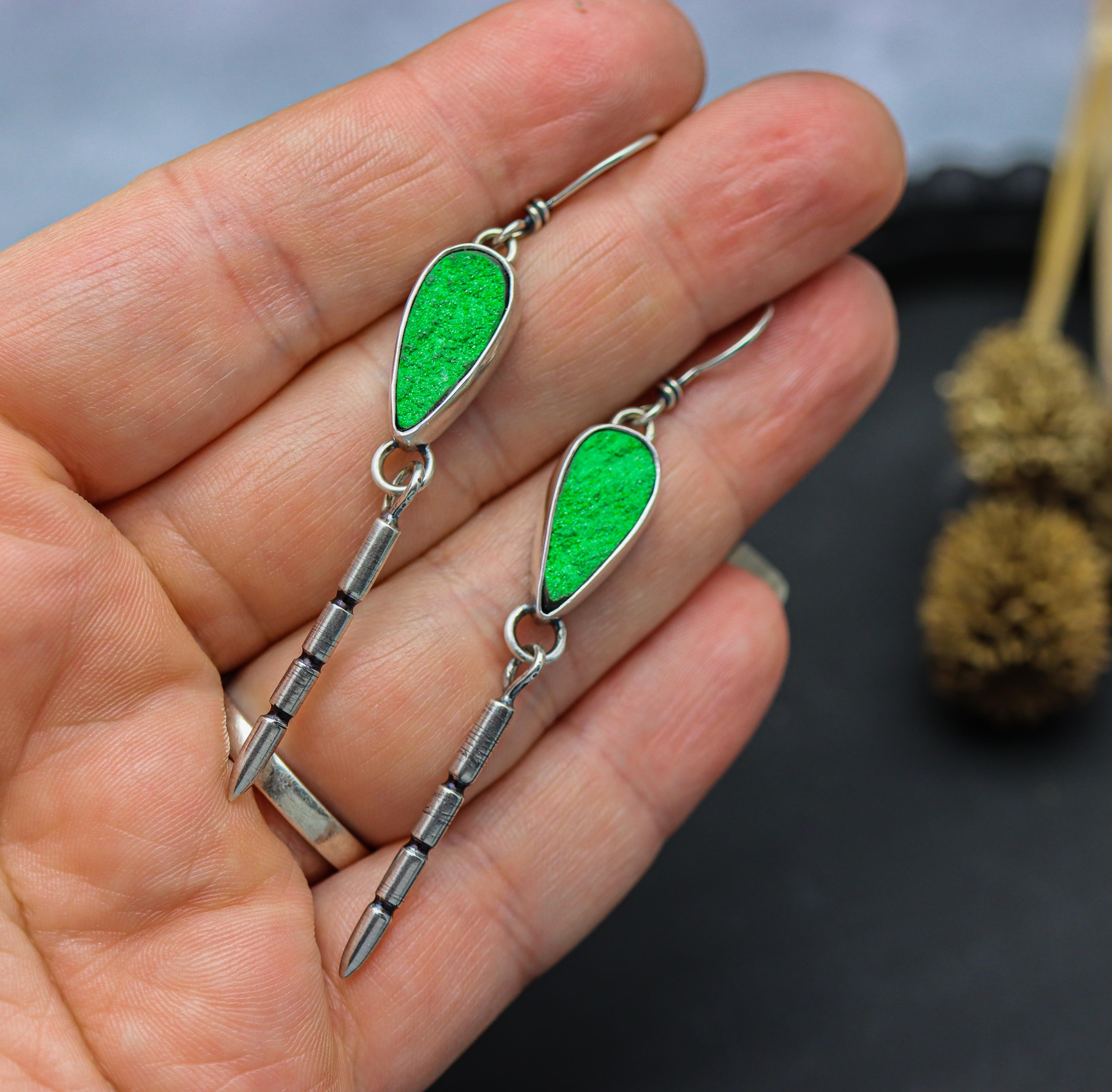 Uvarovite Druzy & Carved Spike Earrings in Sterling Silver