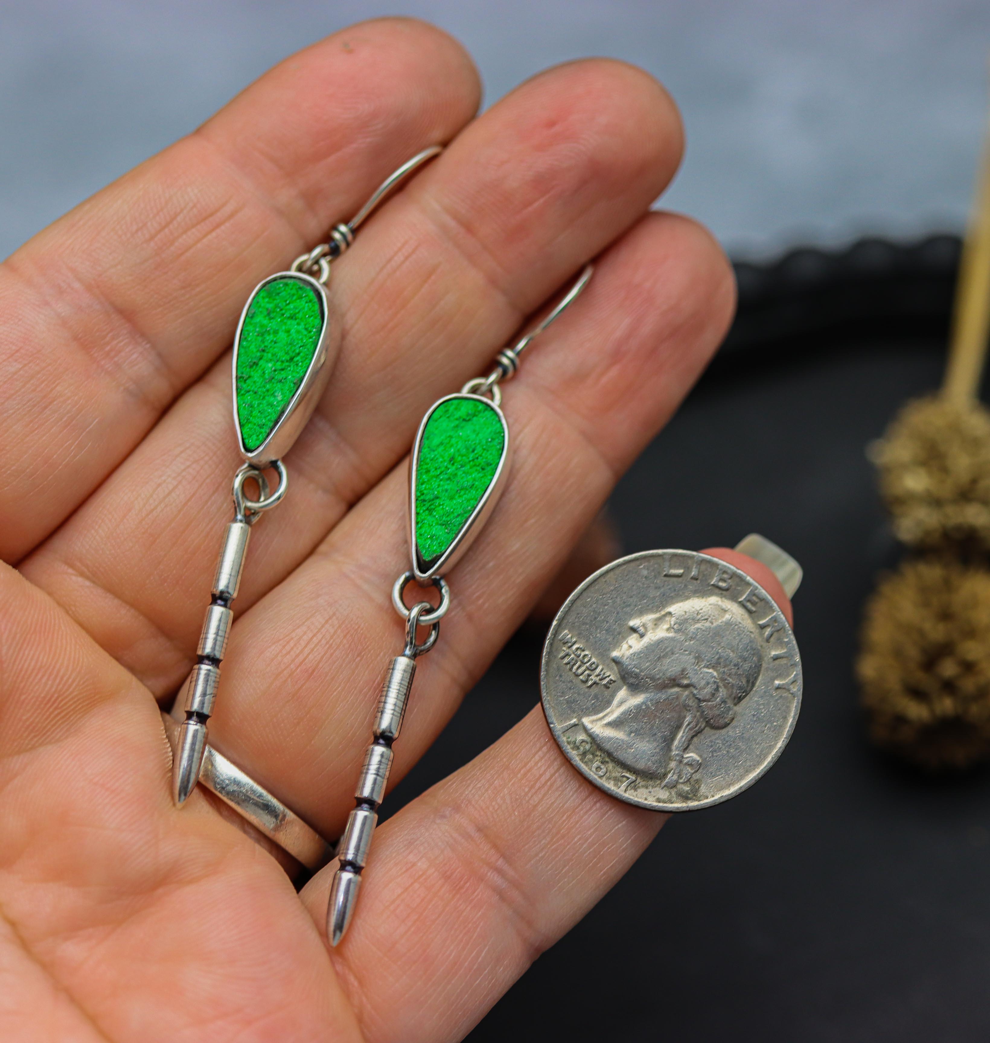 Uvarovite Druzy & Carved Spike Earrings in Sterling Silver