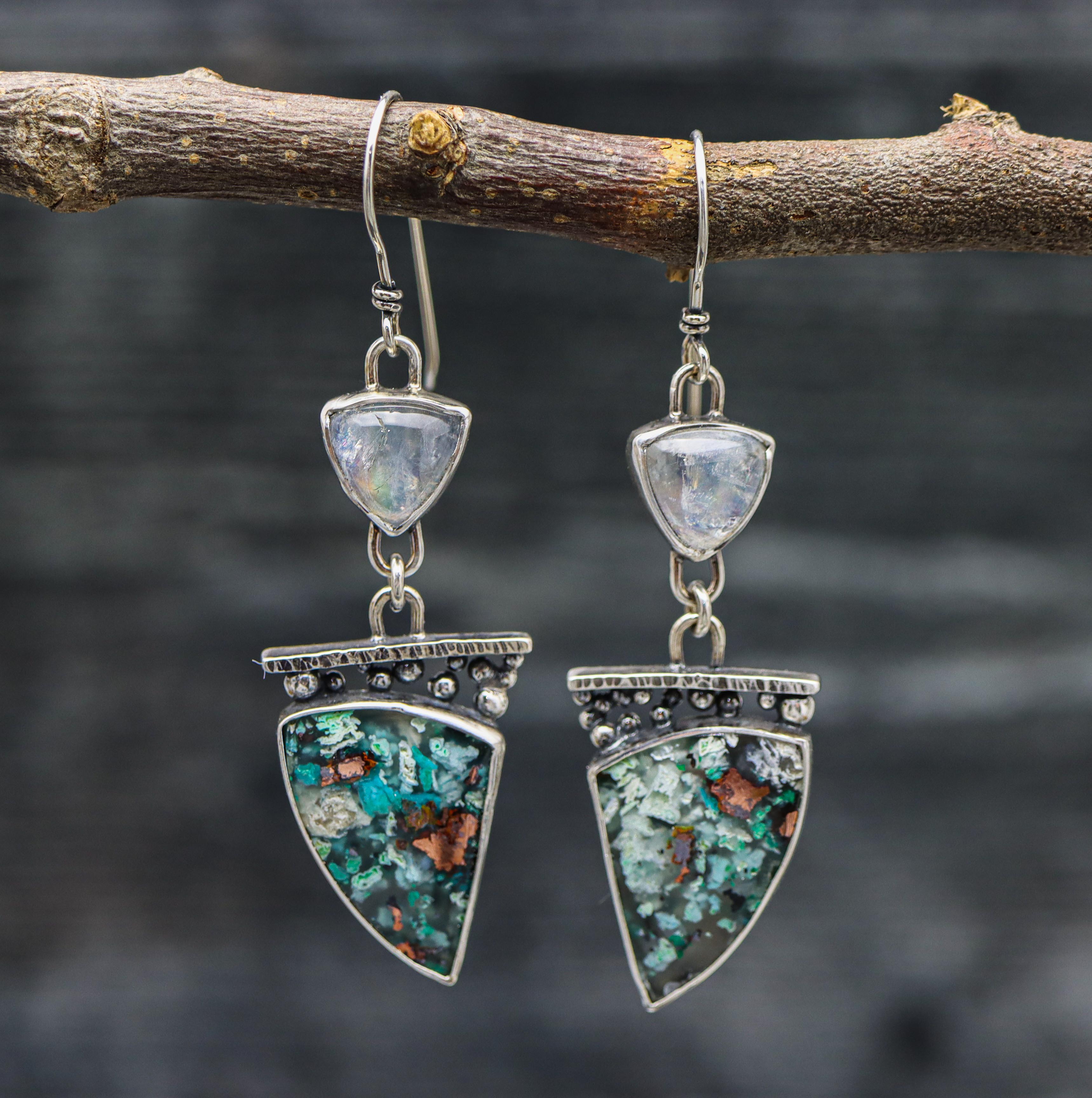 Confetti Chrysocolla & Moonstone Shield Earrings Sterling Silver