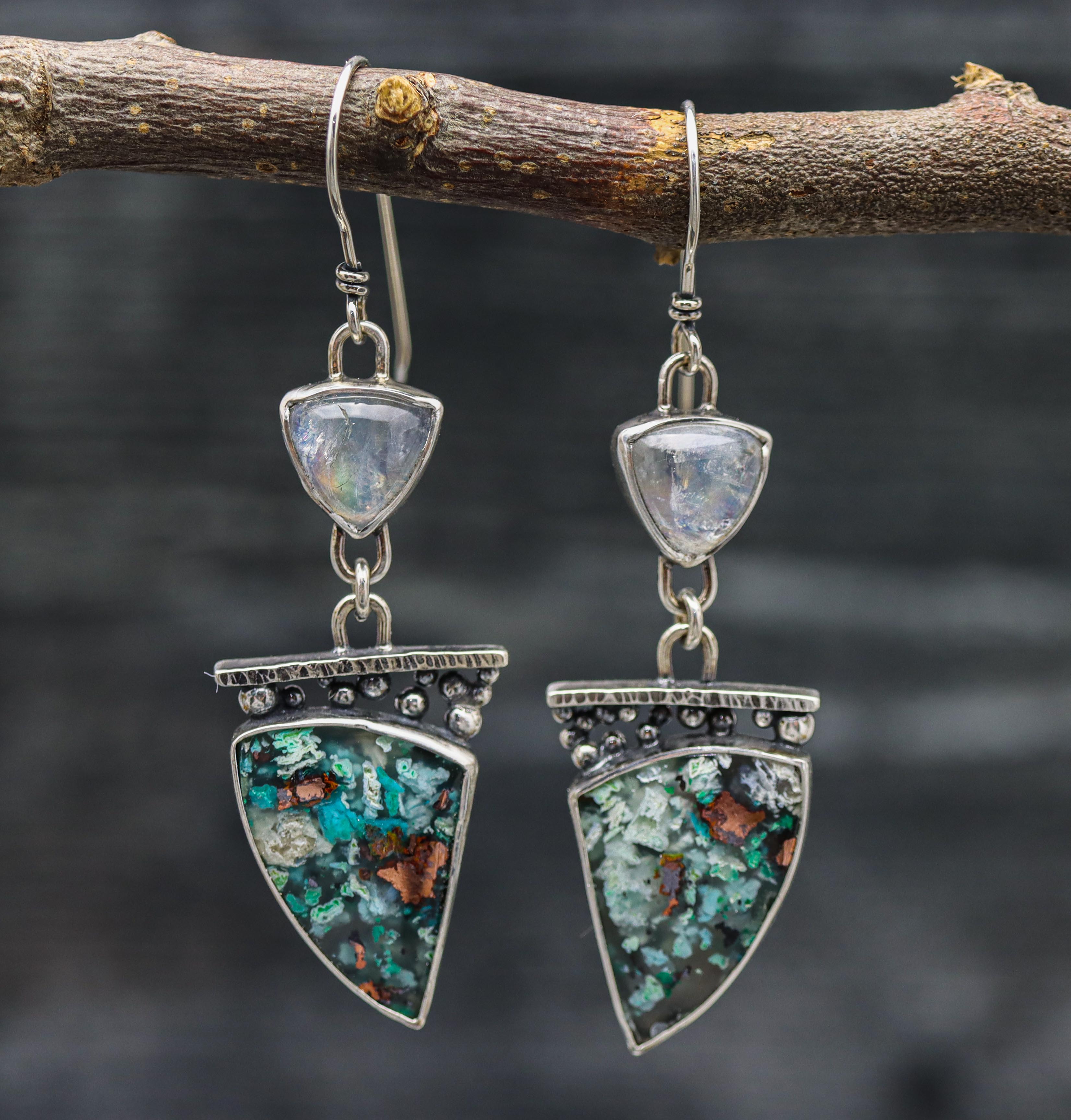 Confetti Chrysocolla & Moonstone Shield Earrings Sterling Silver