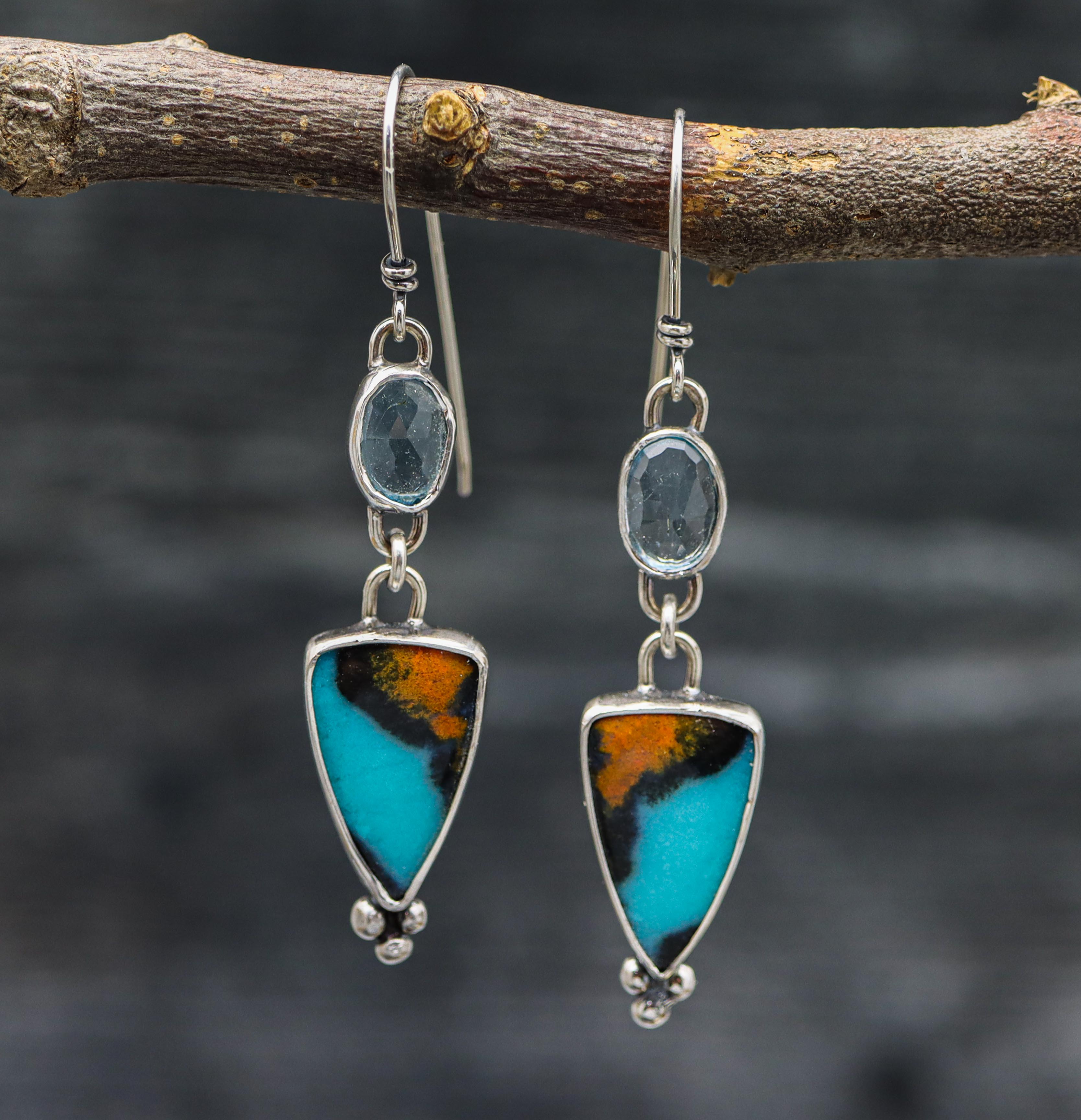 Chrysocolla with Blue Topaz Dangle Earrings Sterling Silver