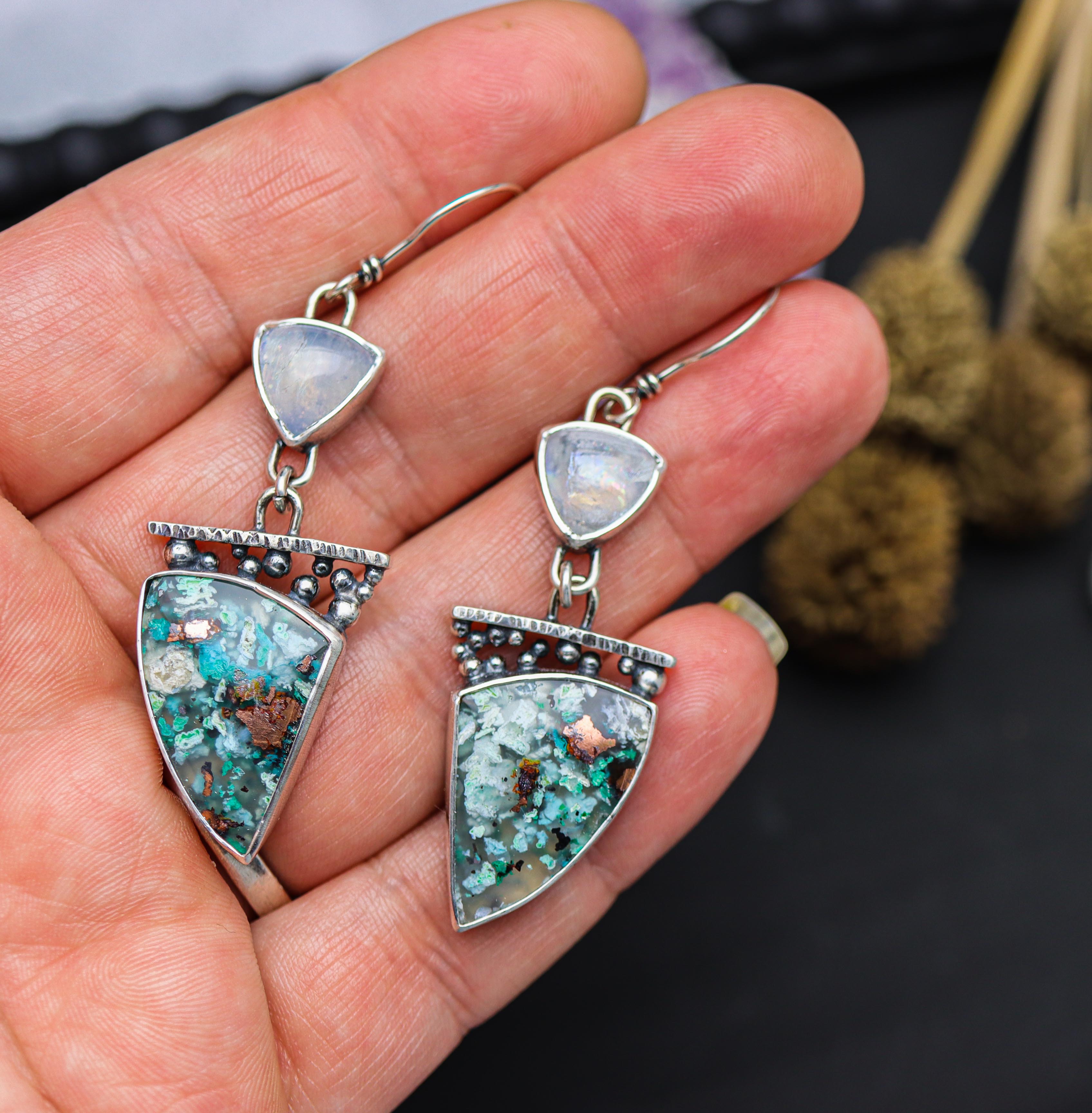 Confetti Chrysocolla & Moonstone Shield Earrings Sterling Silver