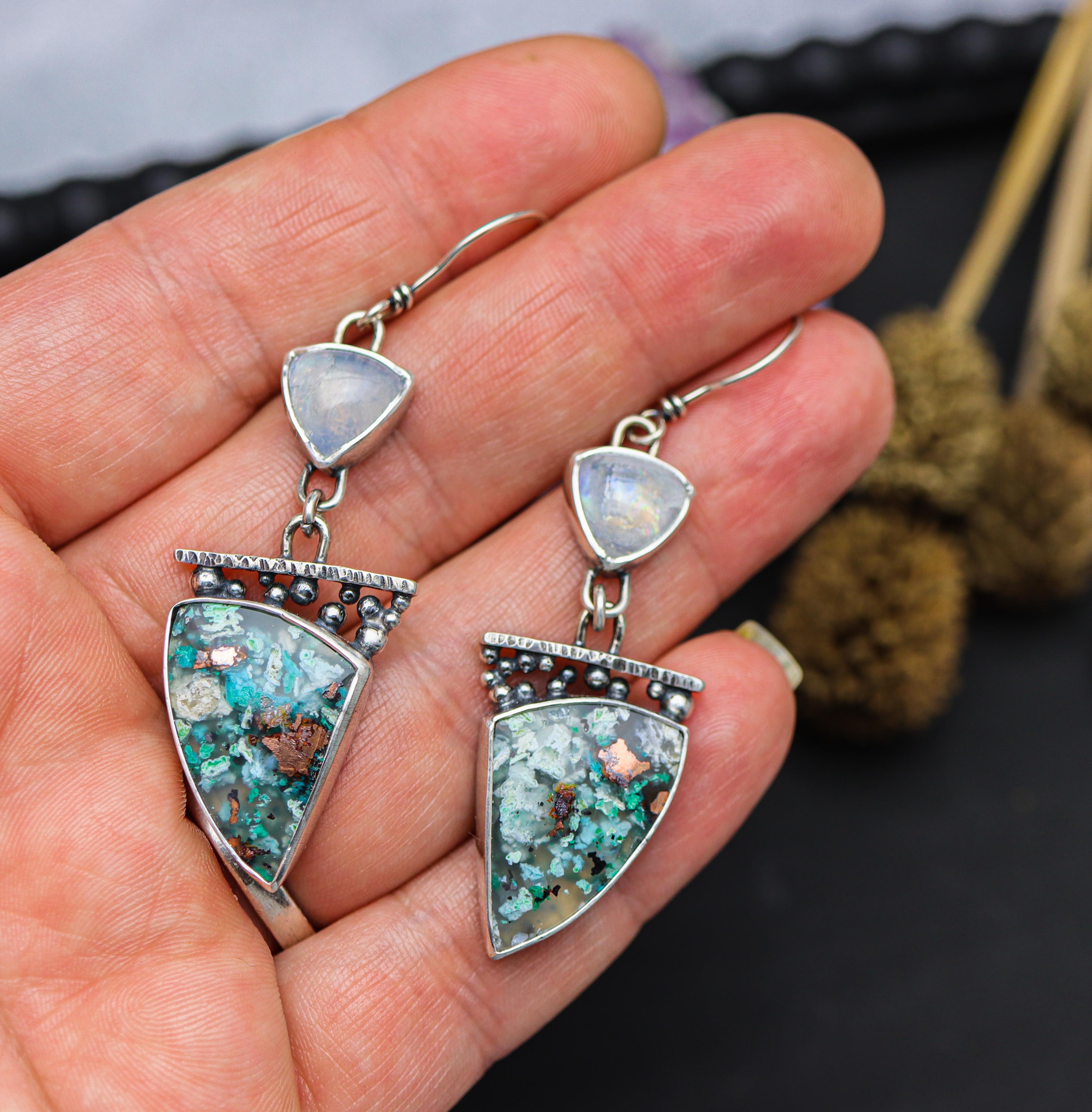 Confetti Chrysocolla & Moonstone Shield Earrings Sterling Silver