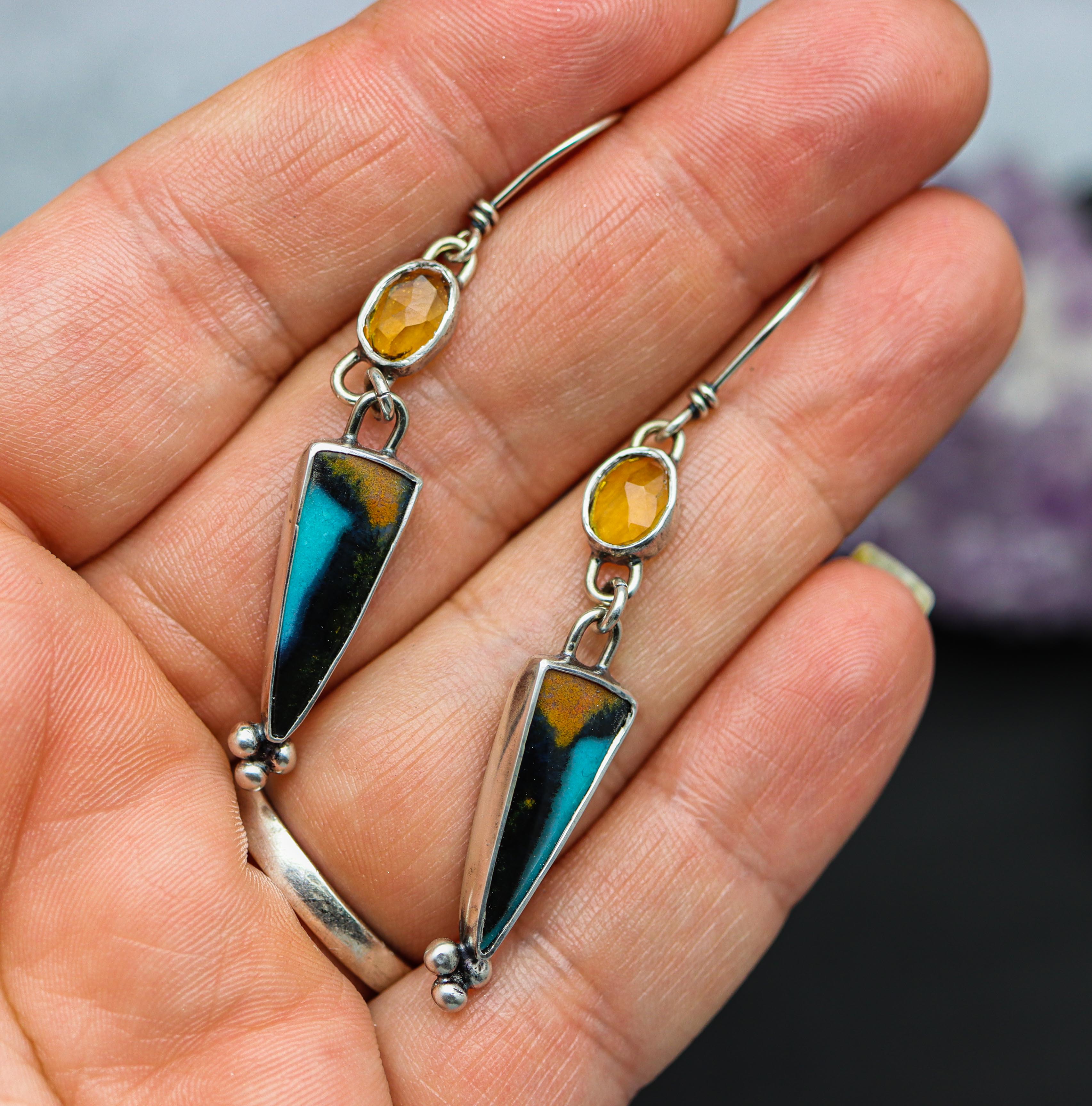 Chrysocolla with Mandarine Citrine Dangle Earrings Sterling Silver