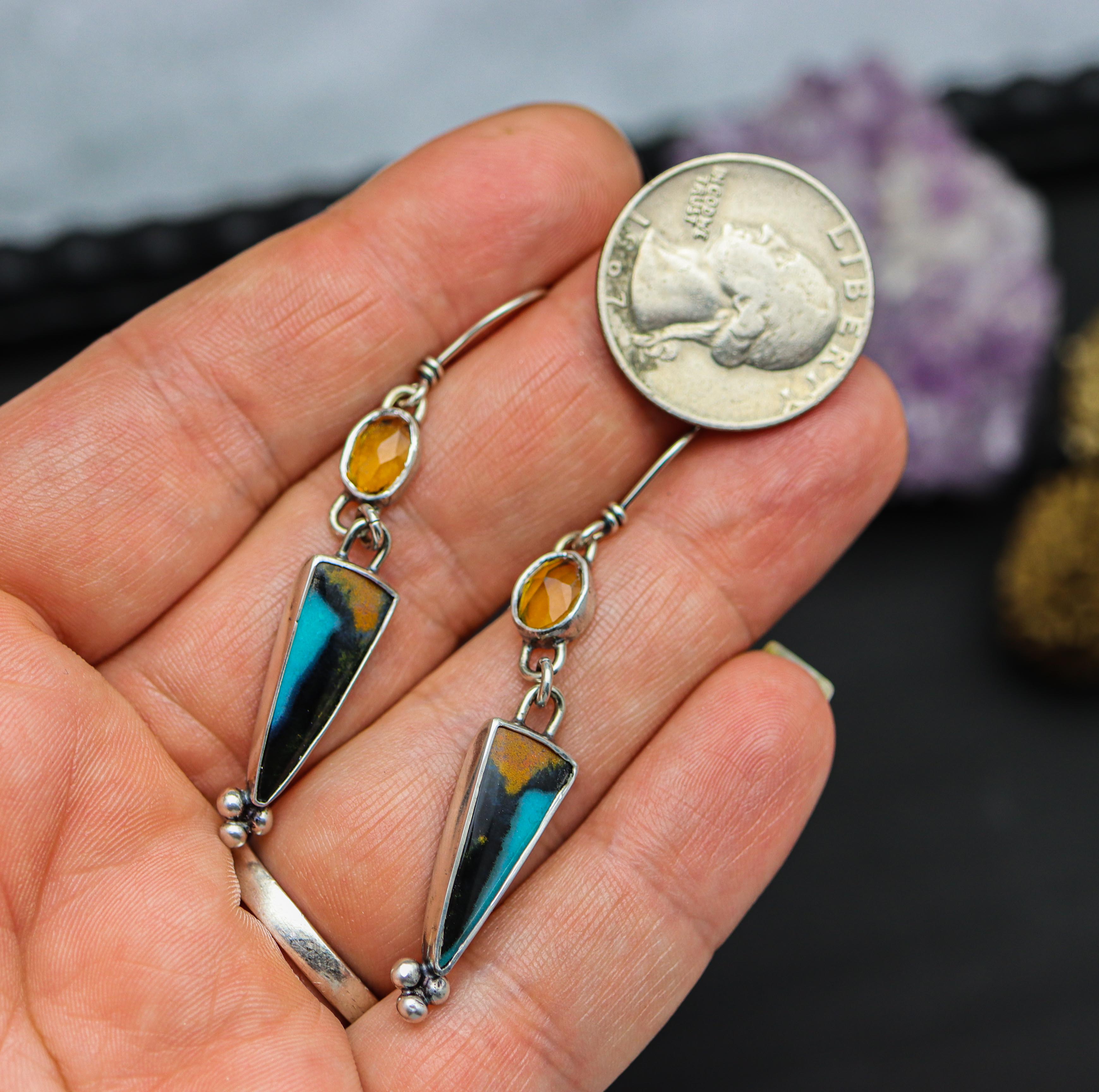 Chrysocolla with Mandarine Citrine Dangle Earrings Sterling Silver