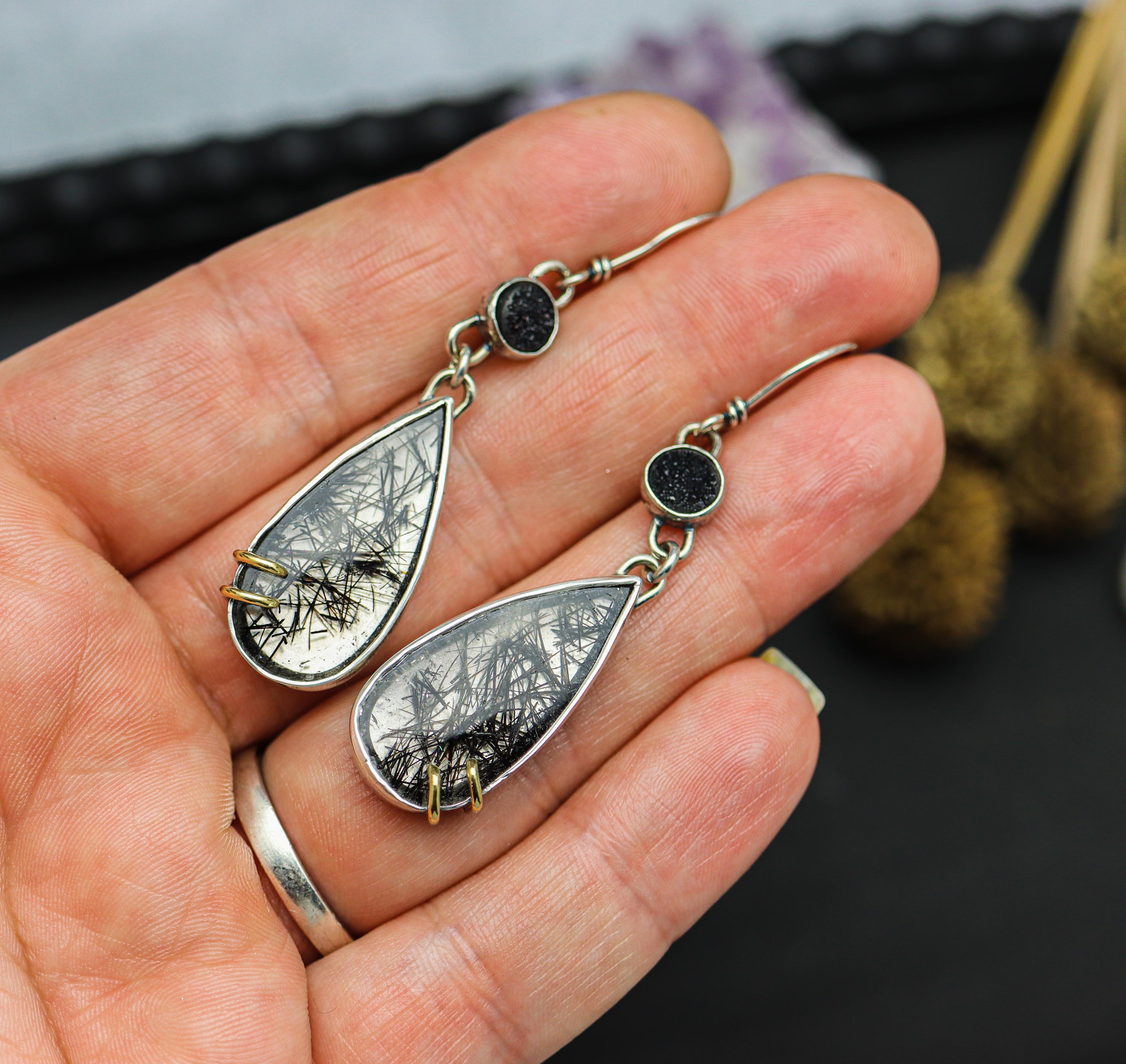 Black Tourmalinated Quartz & Druzy Earrings Sterling Silver & 18k Gold