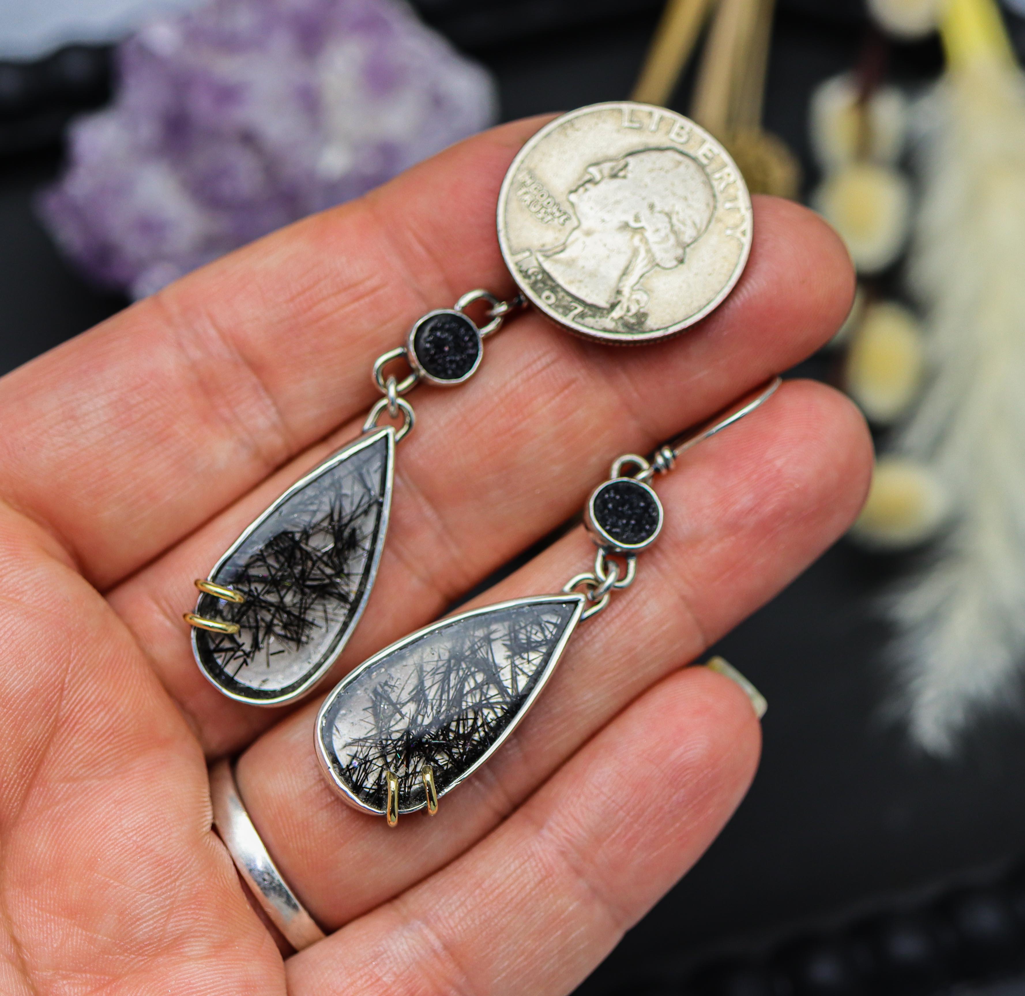 Black Tourmalinated Quartz & Druzy Earrings Sterling Silver & 18k Gold