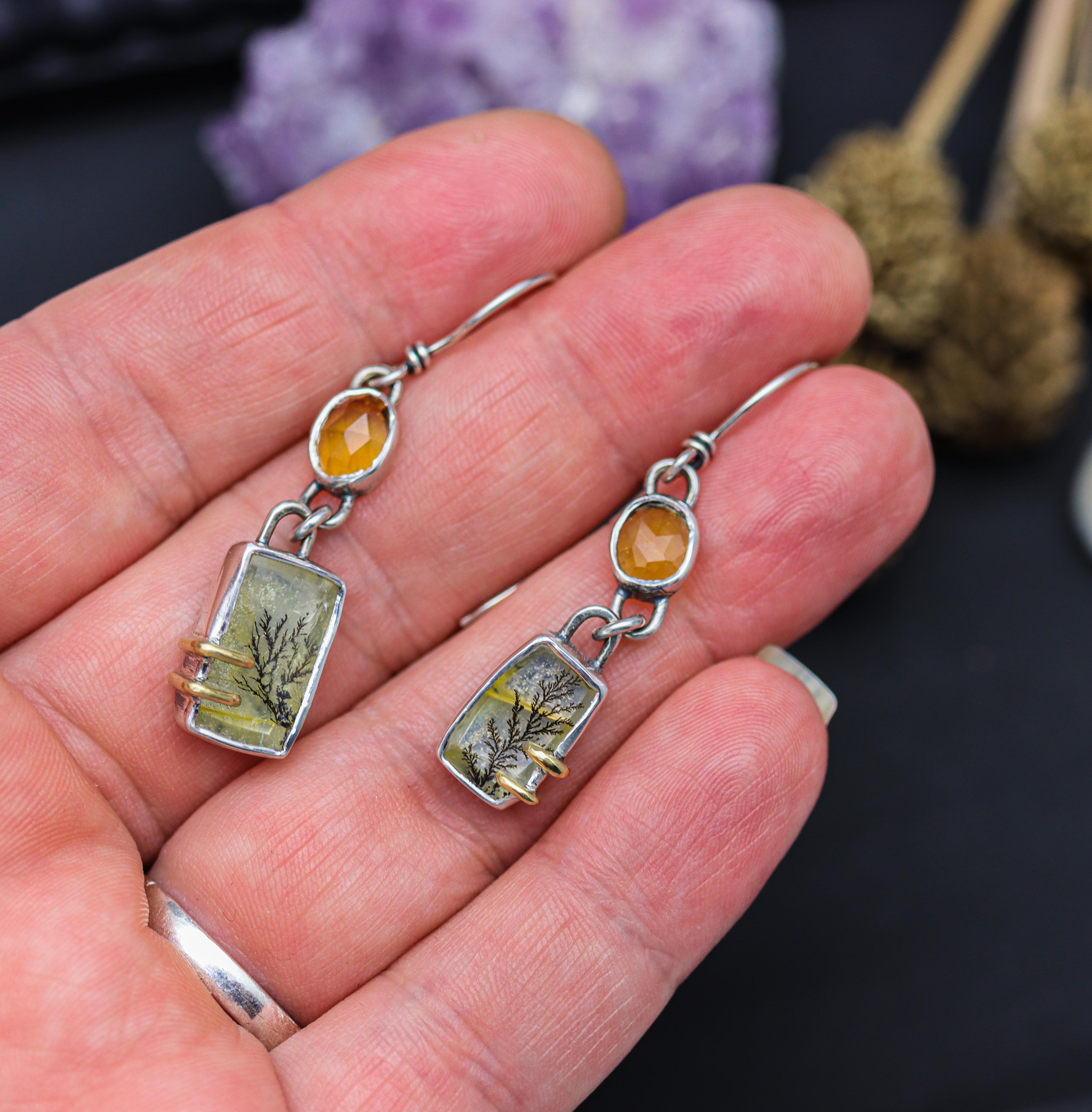 Dendritic Quartz and Citrine Dangle Earrings Sterling Silver and 18k Gold