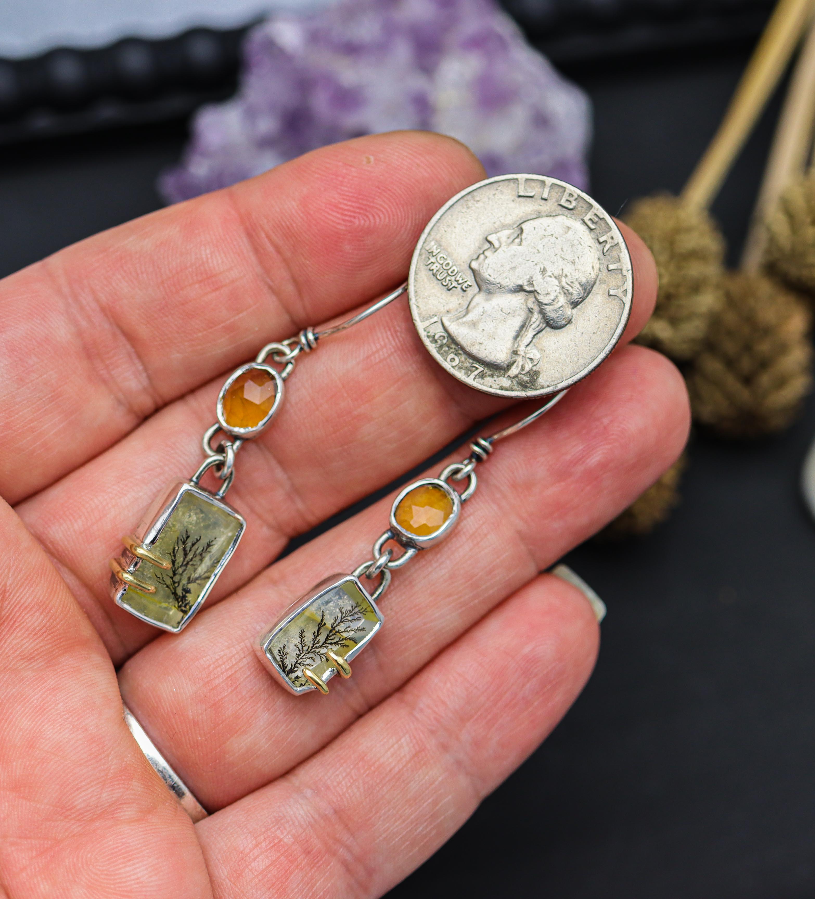 Dendritic Quartz and Citrine Dangle Earrings Sterling Silver and 18k Gold