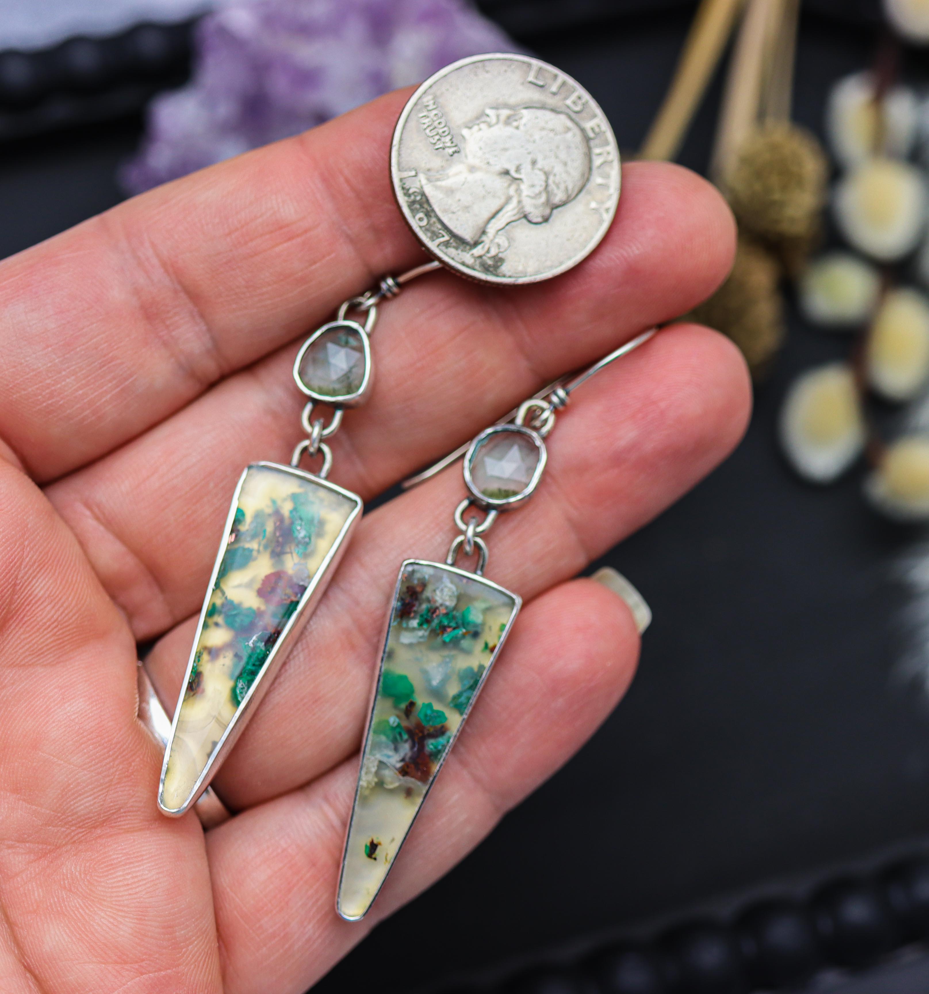 Confetti Chrysocolla with Blue Tourmaline Dangle Earrings Sterling Silver