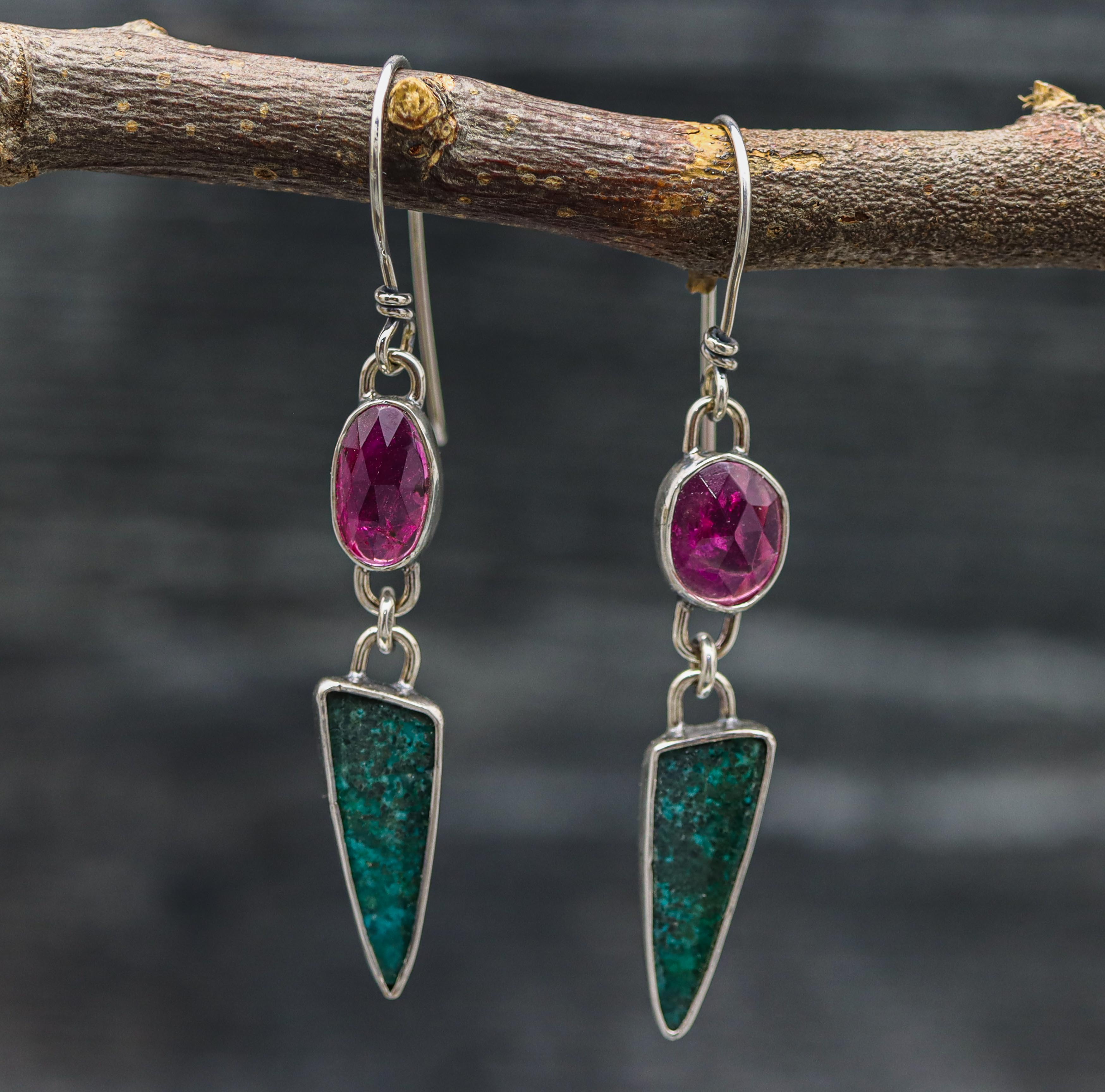Chrysocolla with Pink Tourmaline Dangle Earrings Sterling Silver
