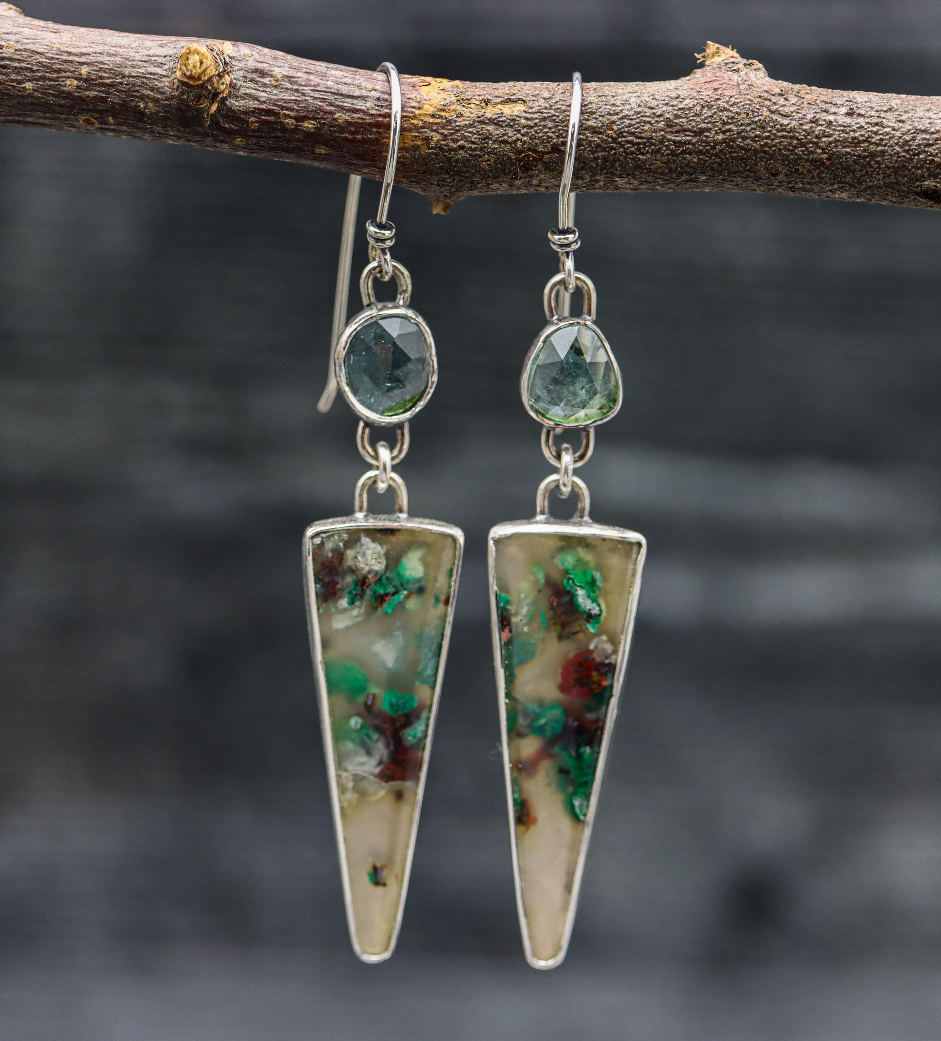 Confetti Chrysocolla with Blue Tourmaline Dangle Earrings Sterling Silver