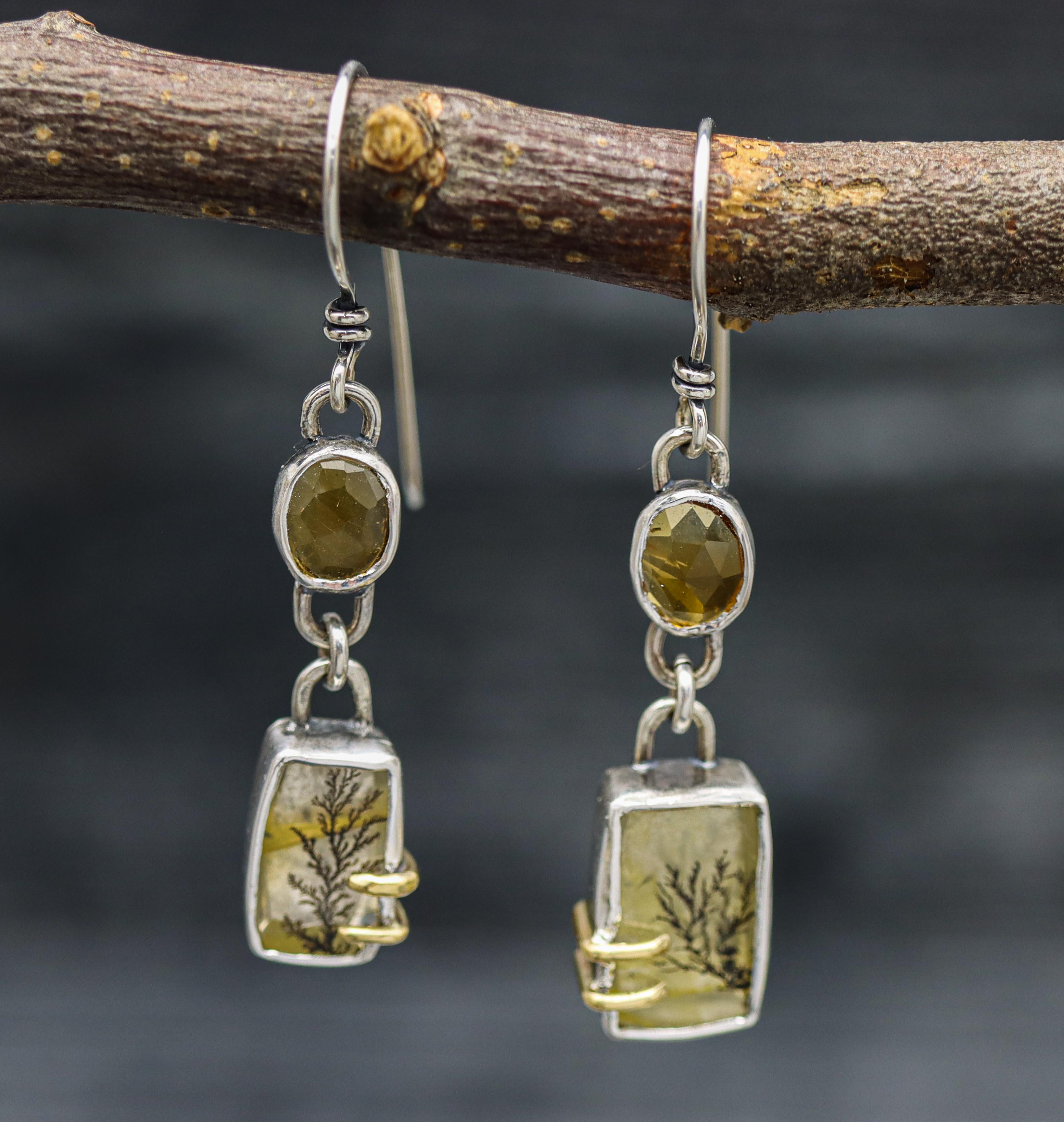 Dendritic Quartz and Citrine Dangle Earrings Sterling Silver and 18k Gold