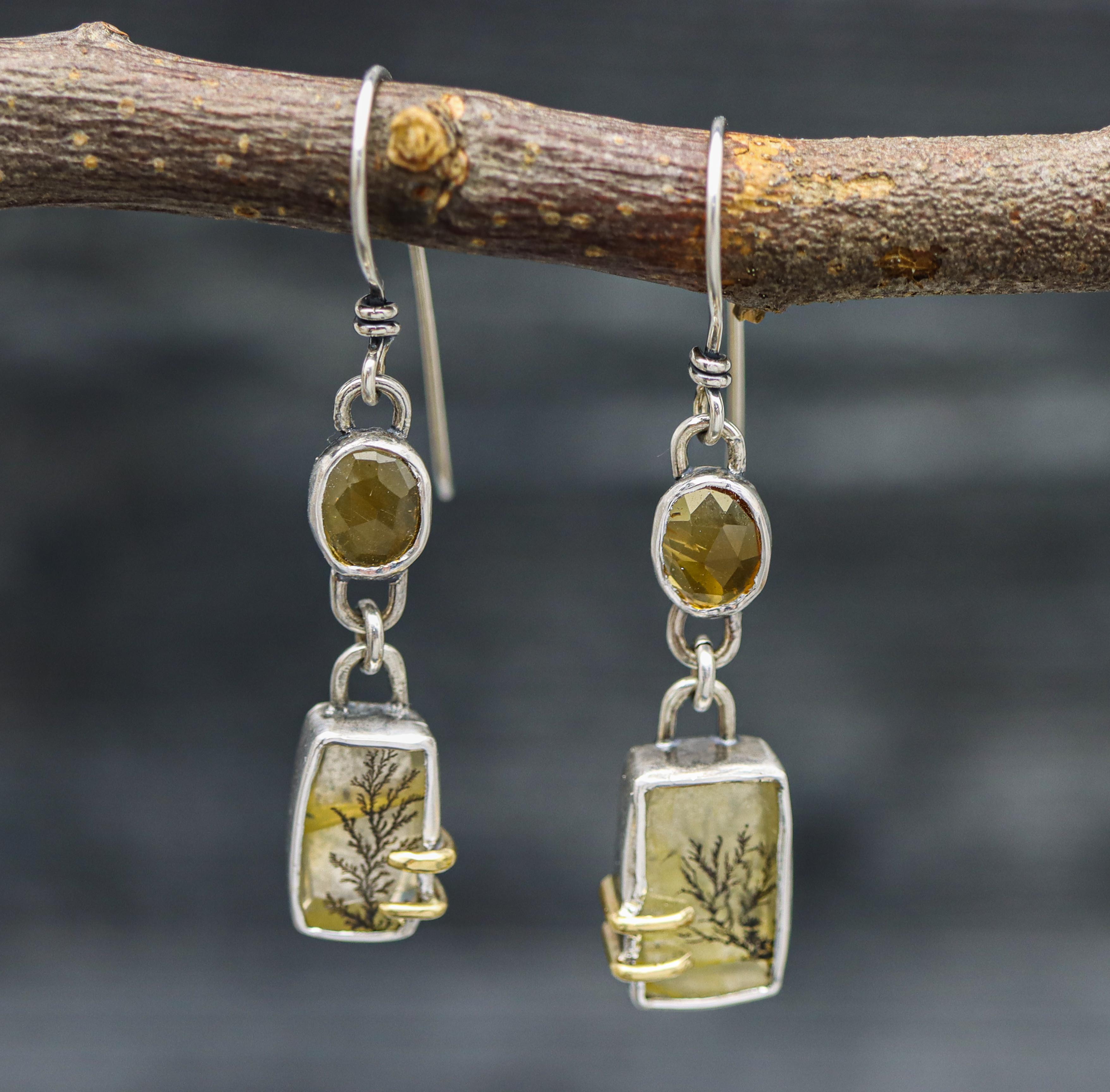 Dendritic Quartz and Citrine Dangle Earrings Sterling Silver and 18k Gold