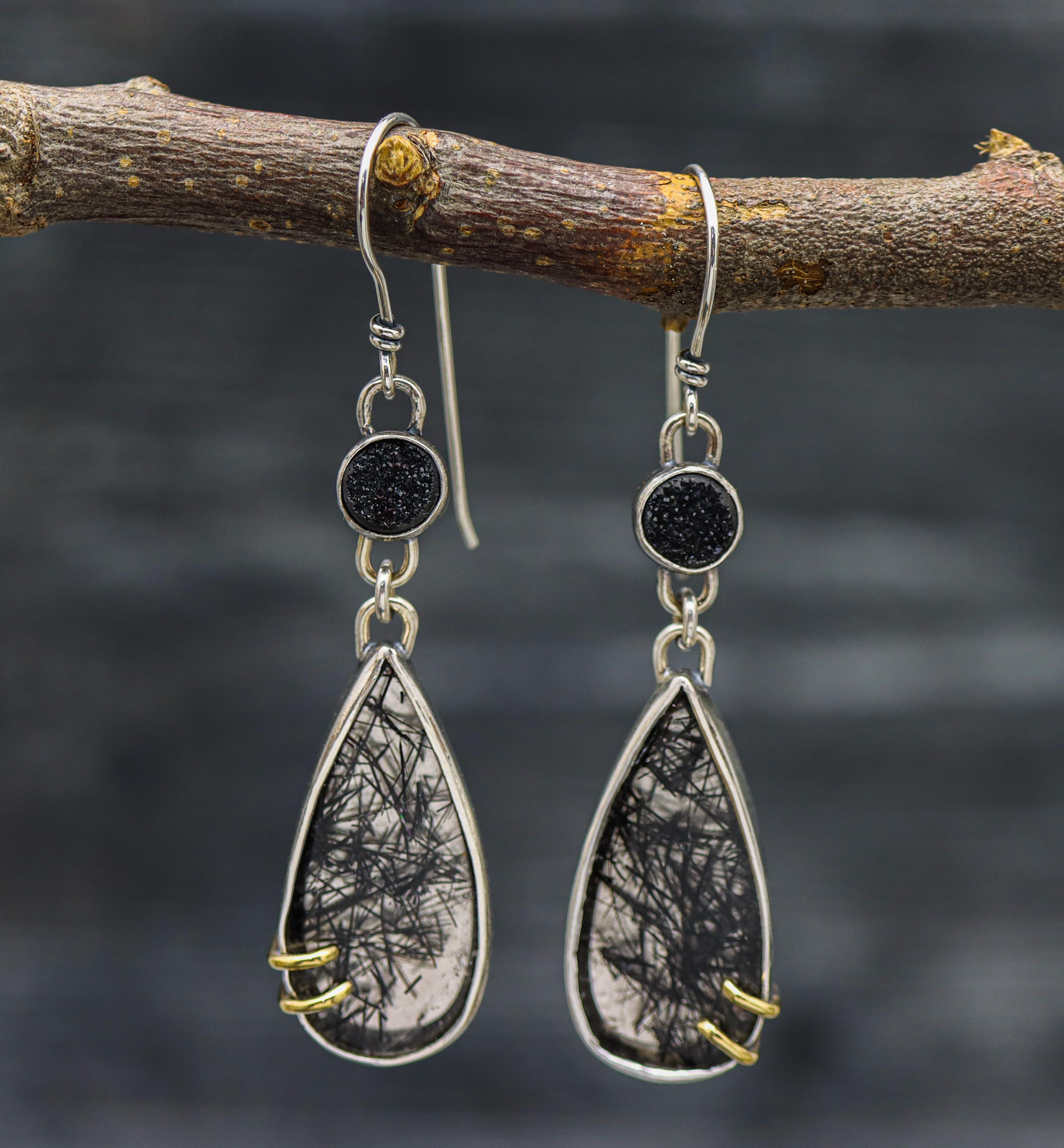 Tourmalinated Quartz and Black Druzy Dangle Earrings Sterling Silver and 18k Gold