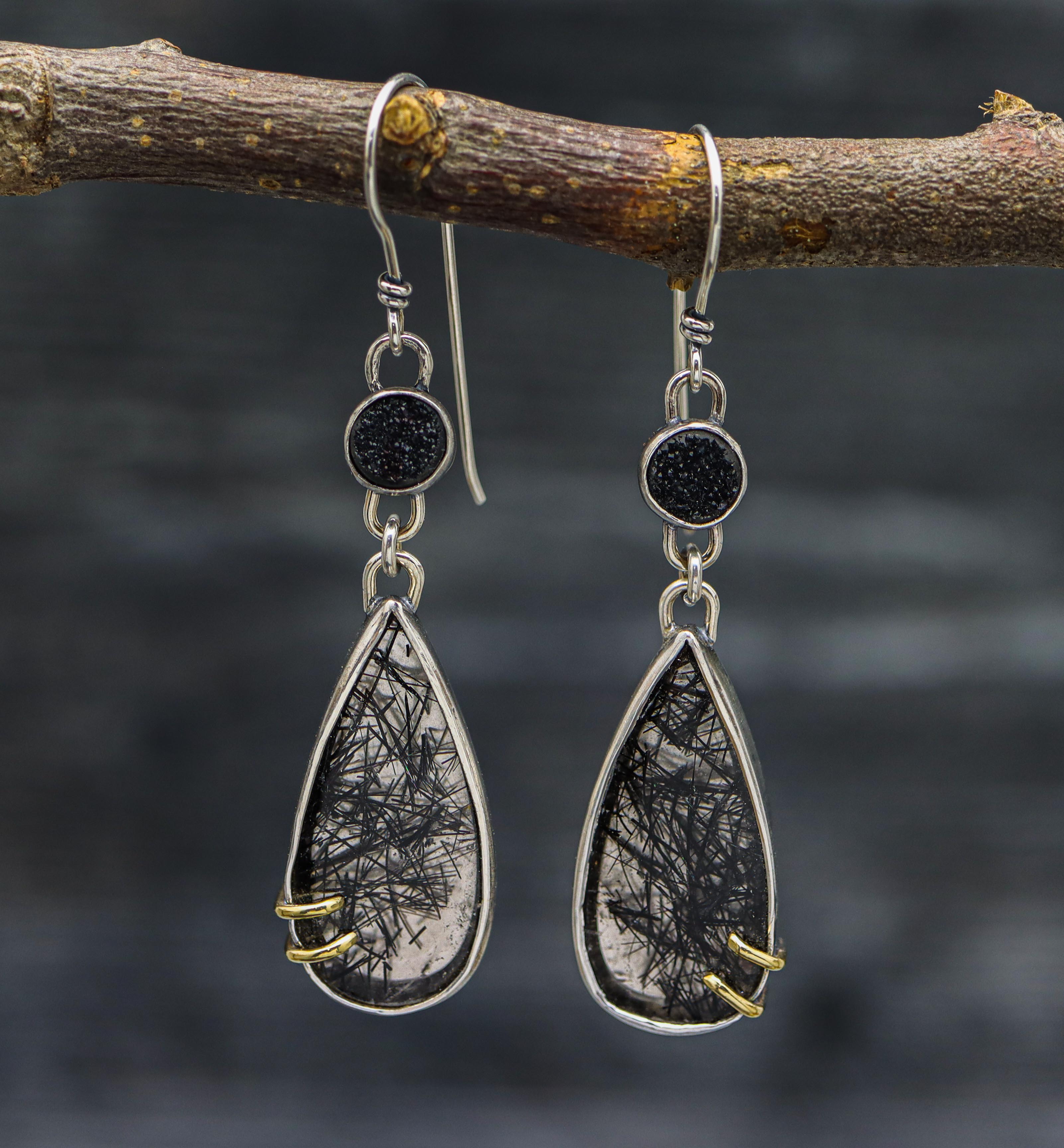 Black Tourmalinated Quartz & Druzy Earrings Sterling Silver & 18k Gold