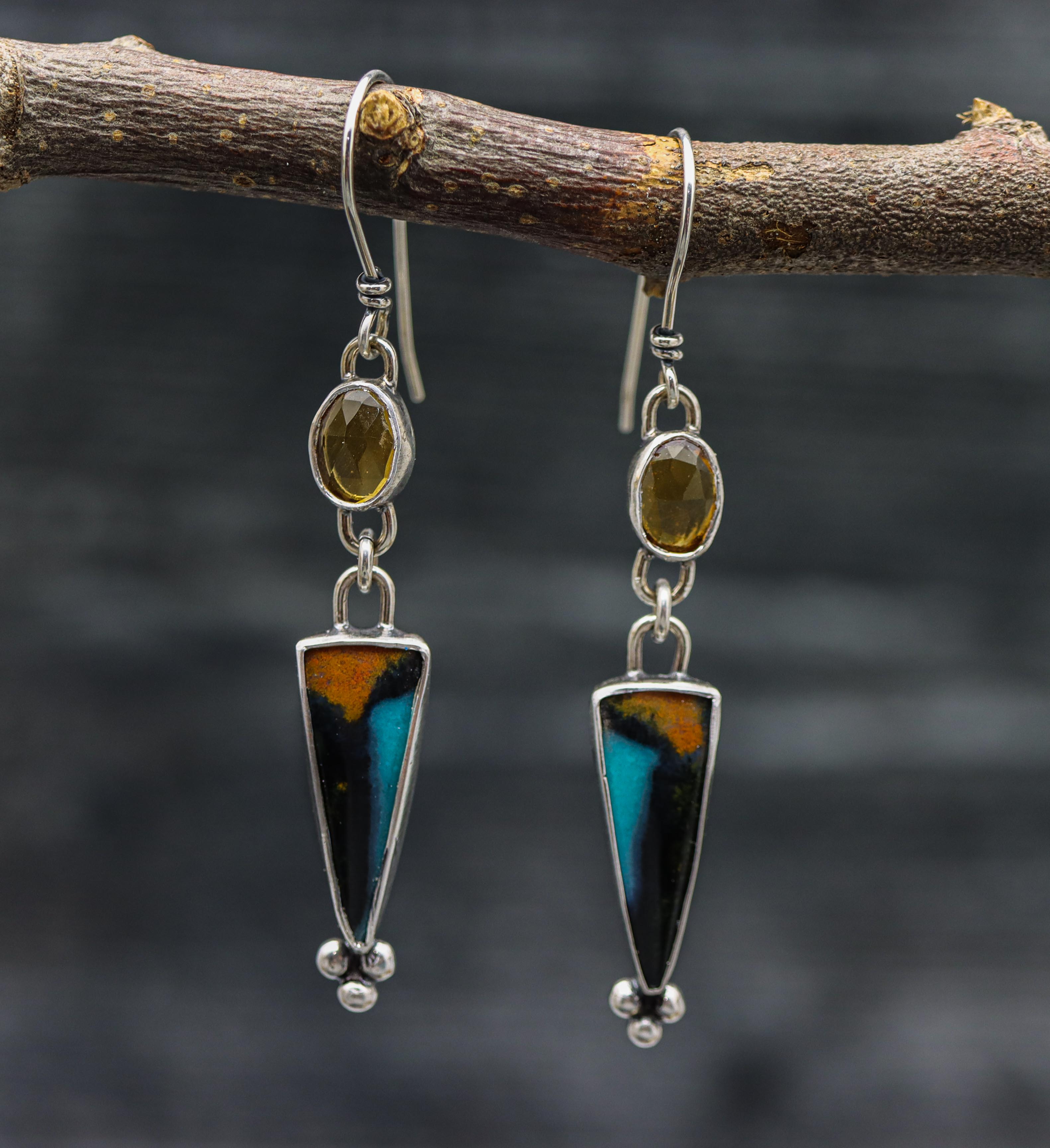 Chrysocolla with Mandarine Citrine Dangle Earrings Sterling Silver