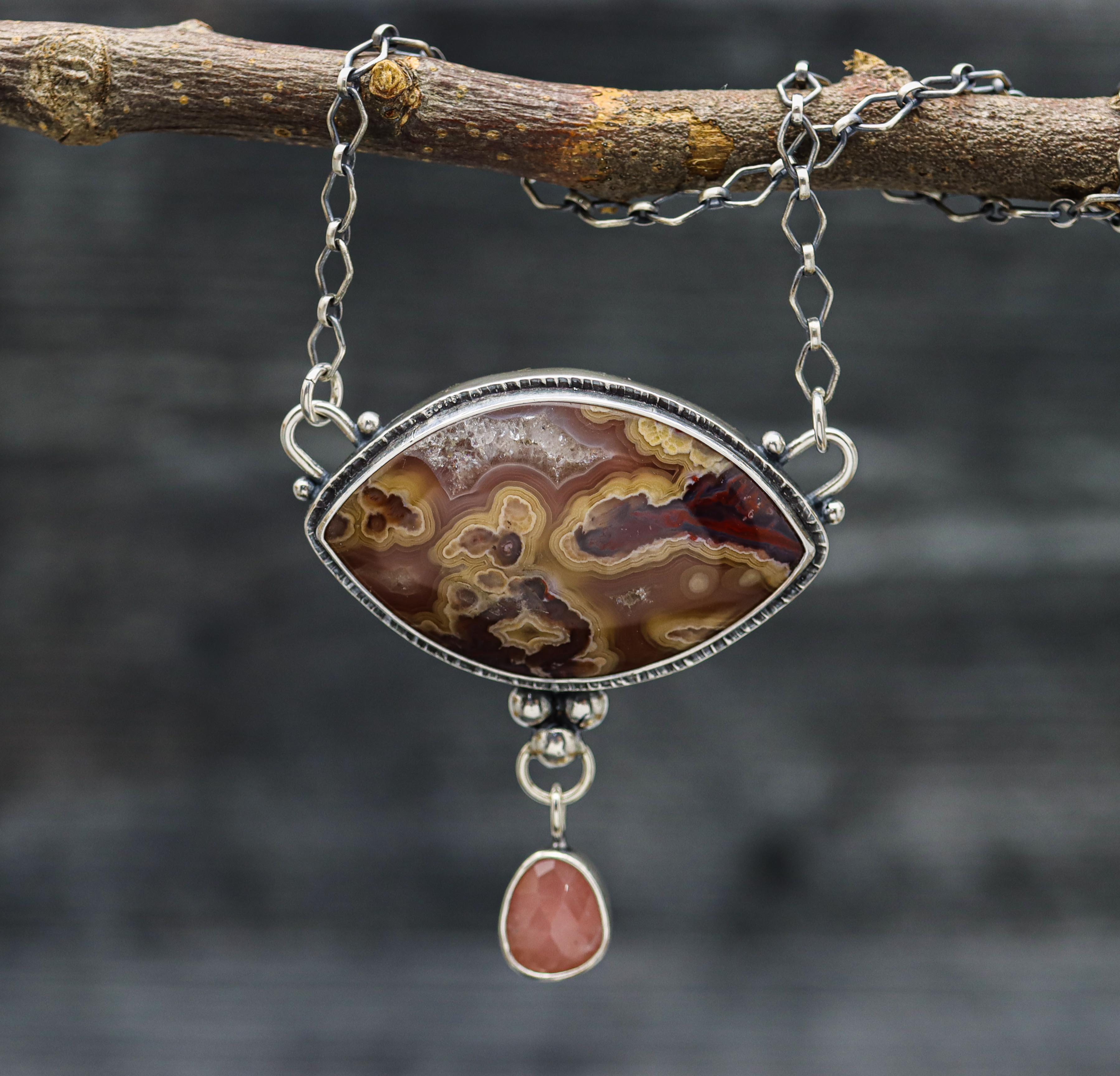 Laguna Agate and Guava Quartz Gemstone Necklace Sterling Silver
