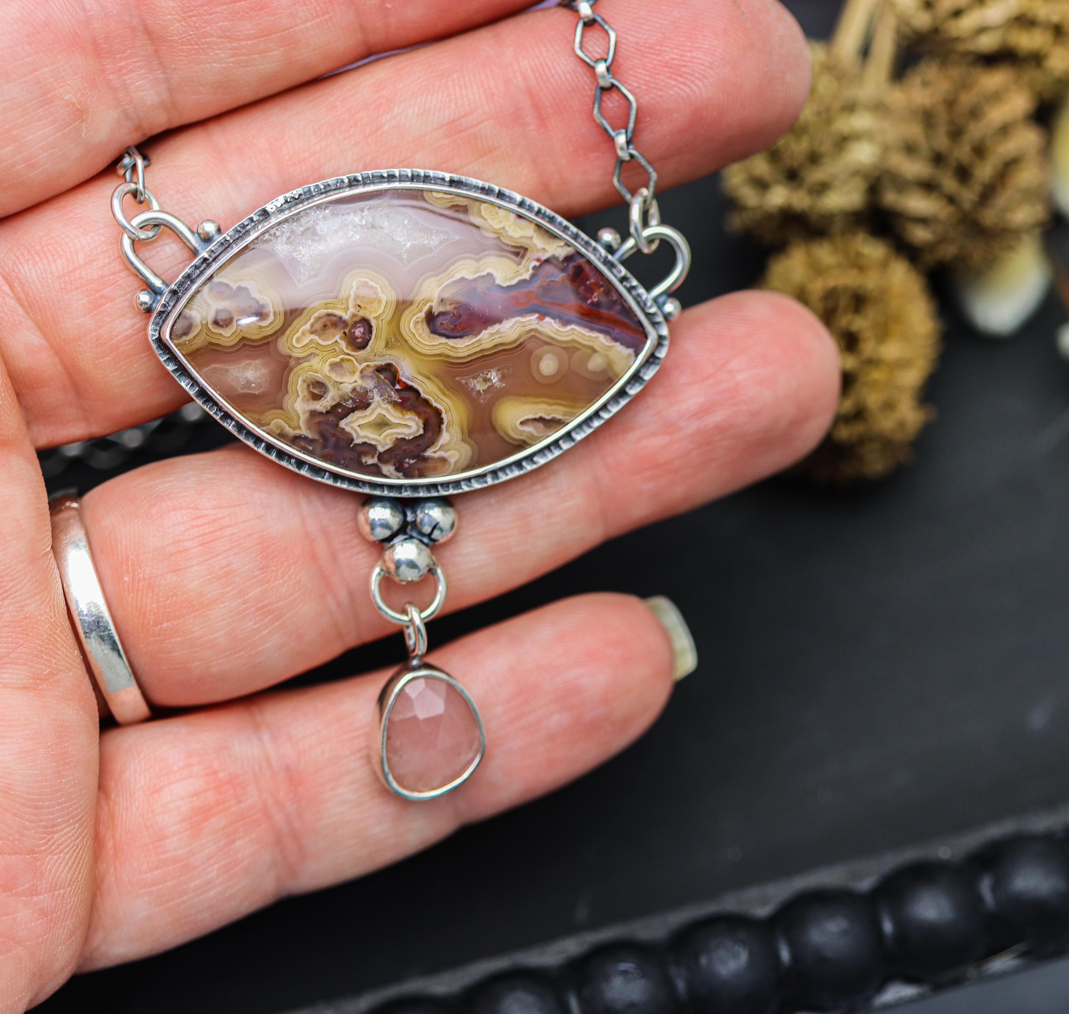 Laguna Agate and Guava Quartz Gemstone Necklace Sterling Silver