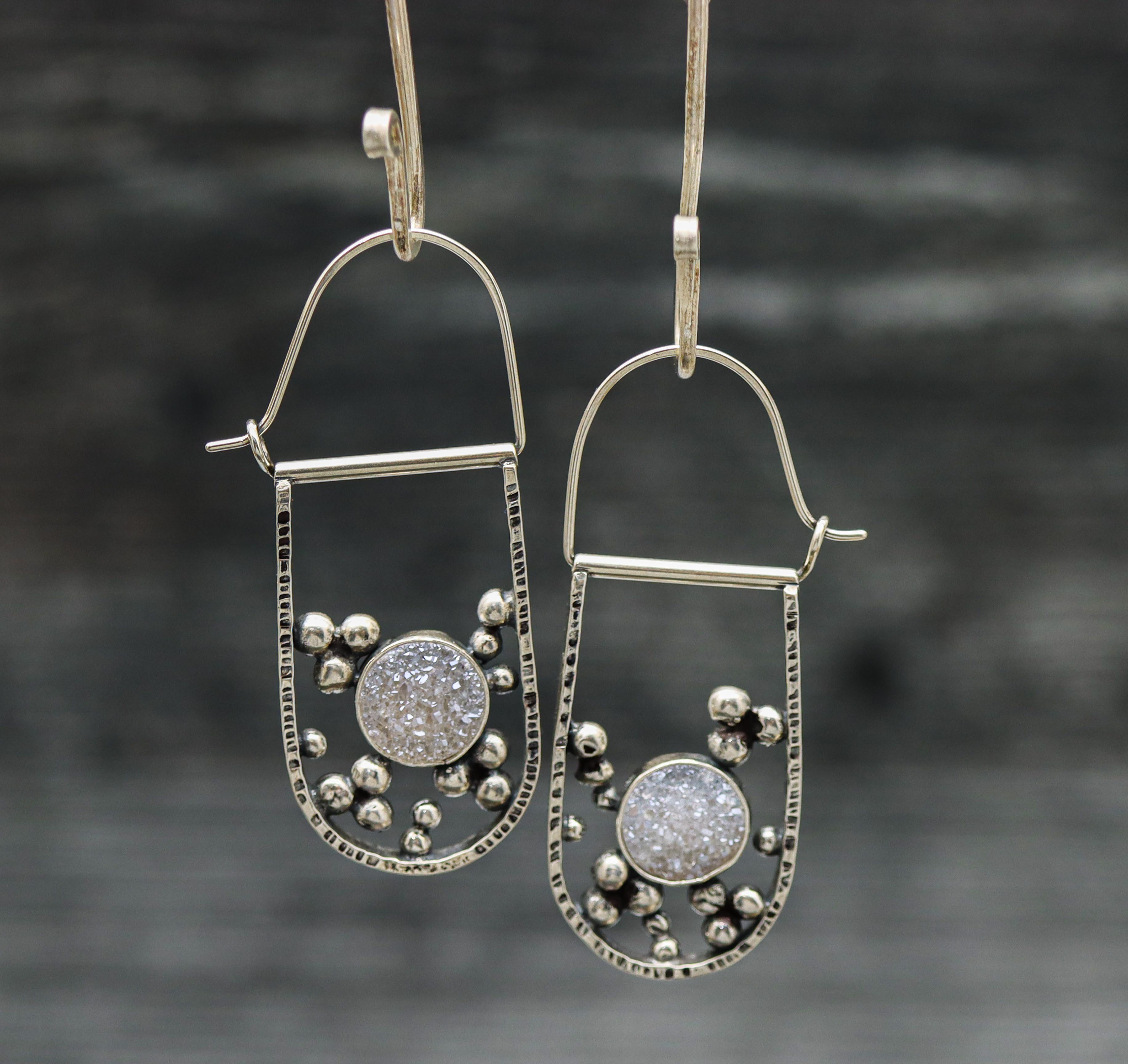 White Druzy Bubble Hoop Earrings in Sterling Silver