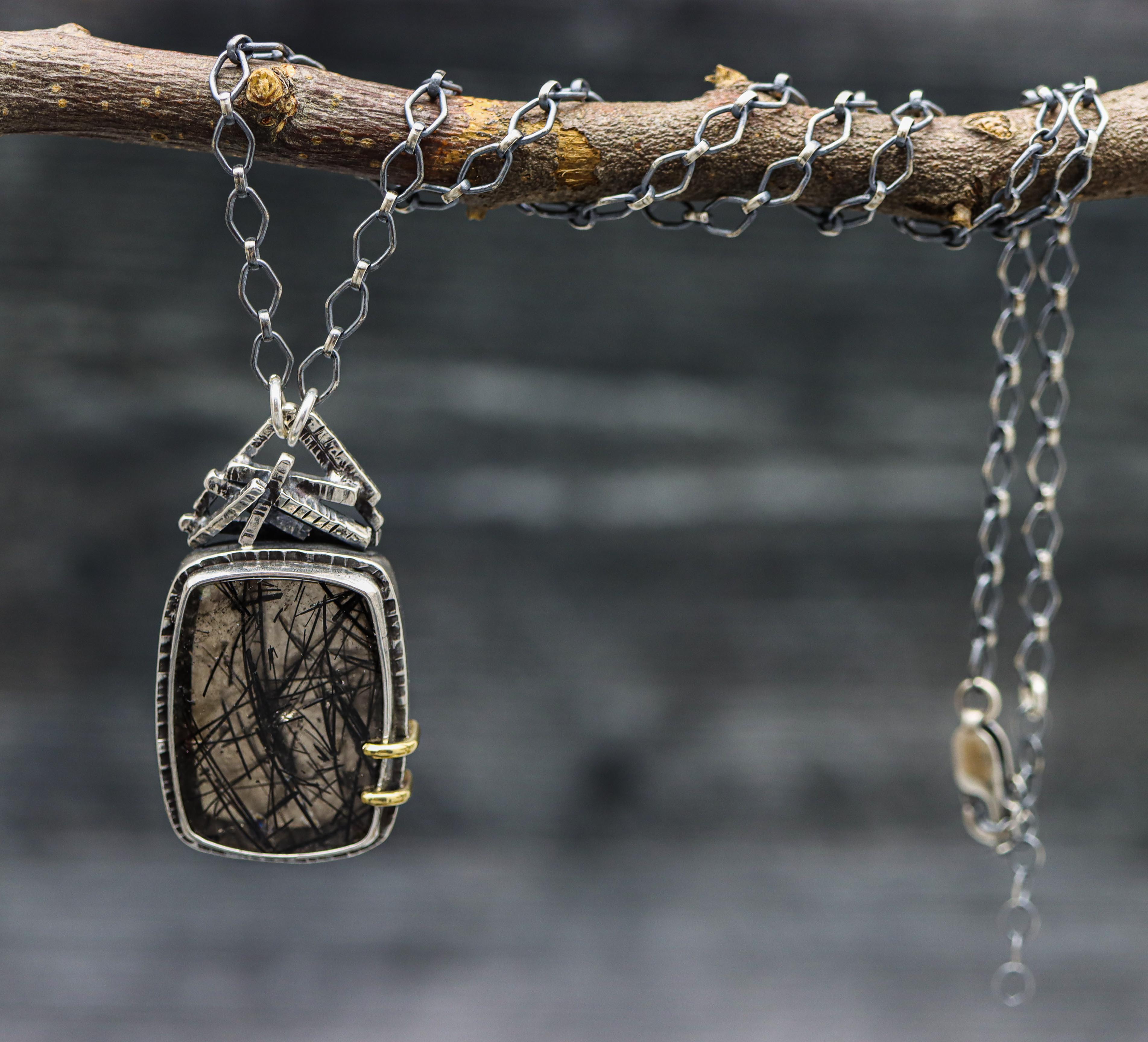 Tourmalinated Quartz Pendant with Sterling Silver and 18k Gold