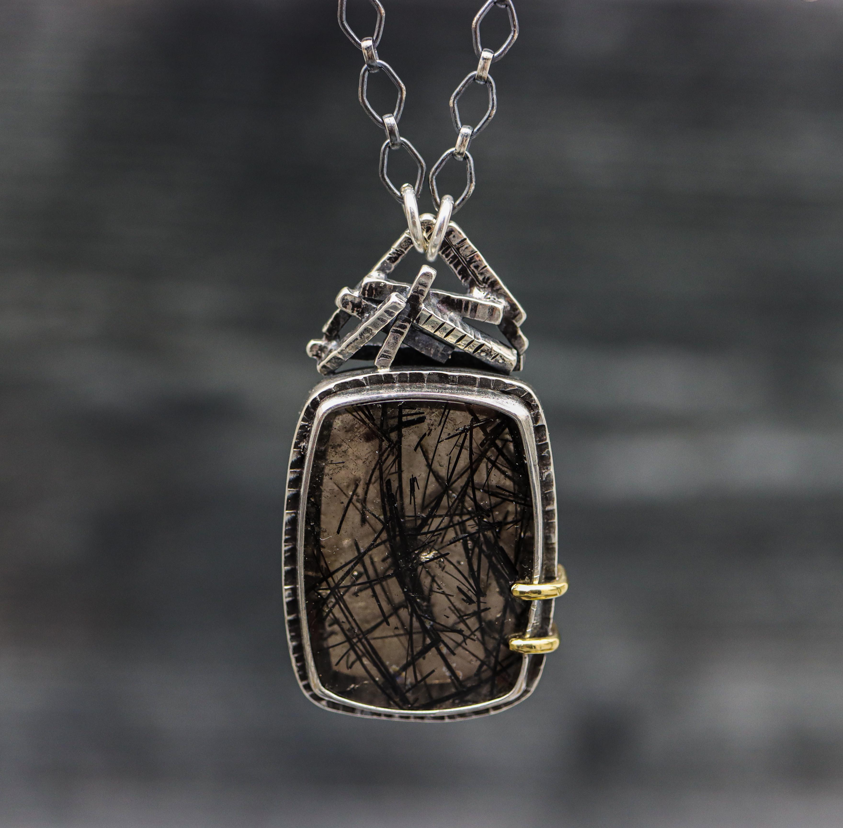 Tourmalinated Quartz Pendant with Sterling Silver and 18k Gold