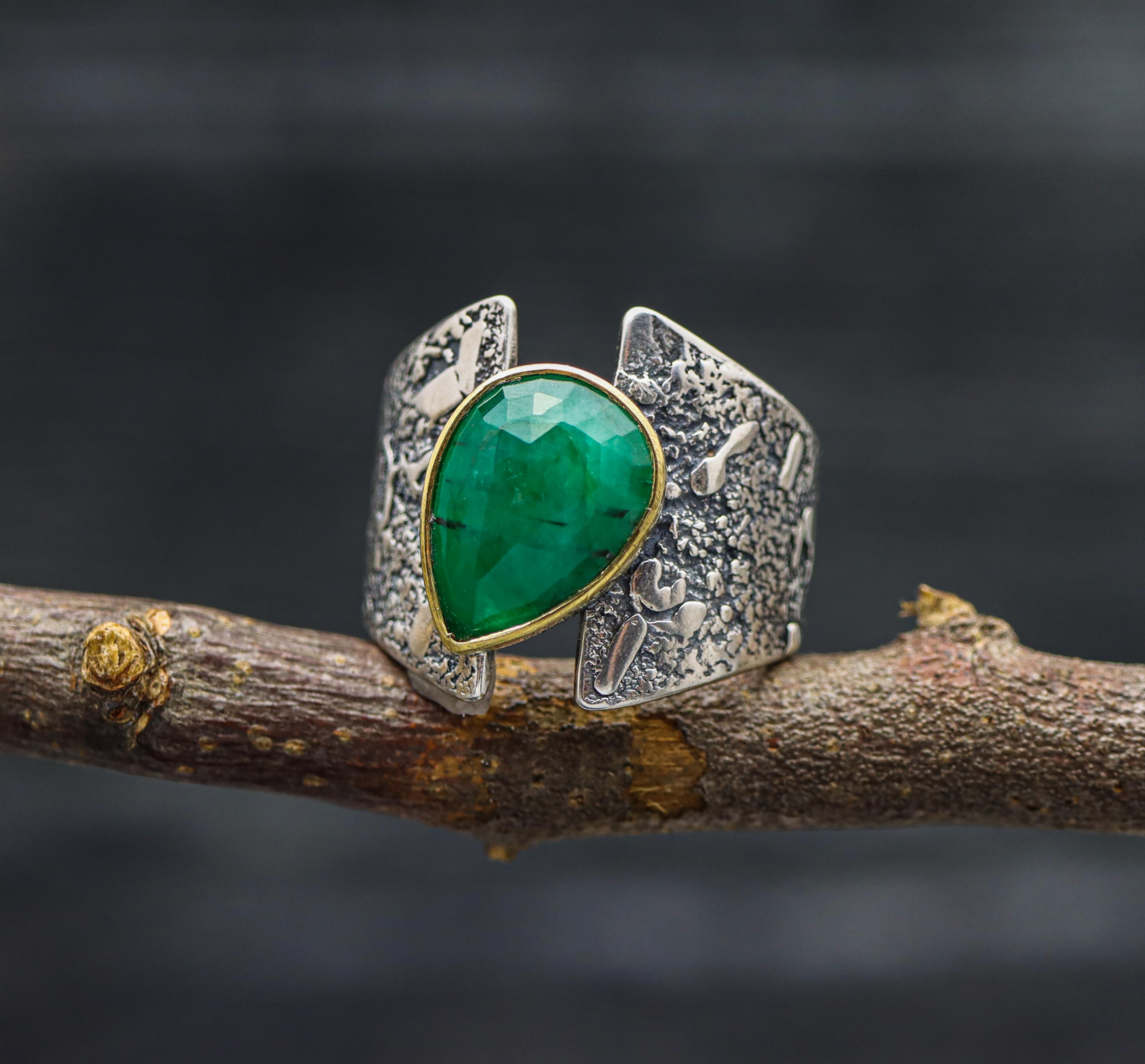 Emerald Sterling Silver and 22k Gold Wide Band Ring