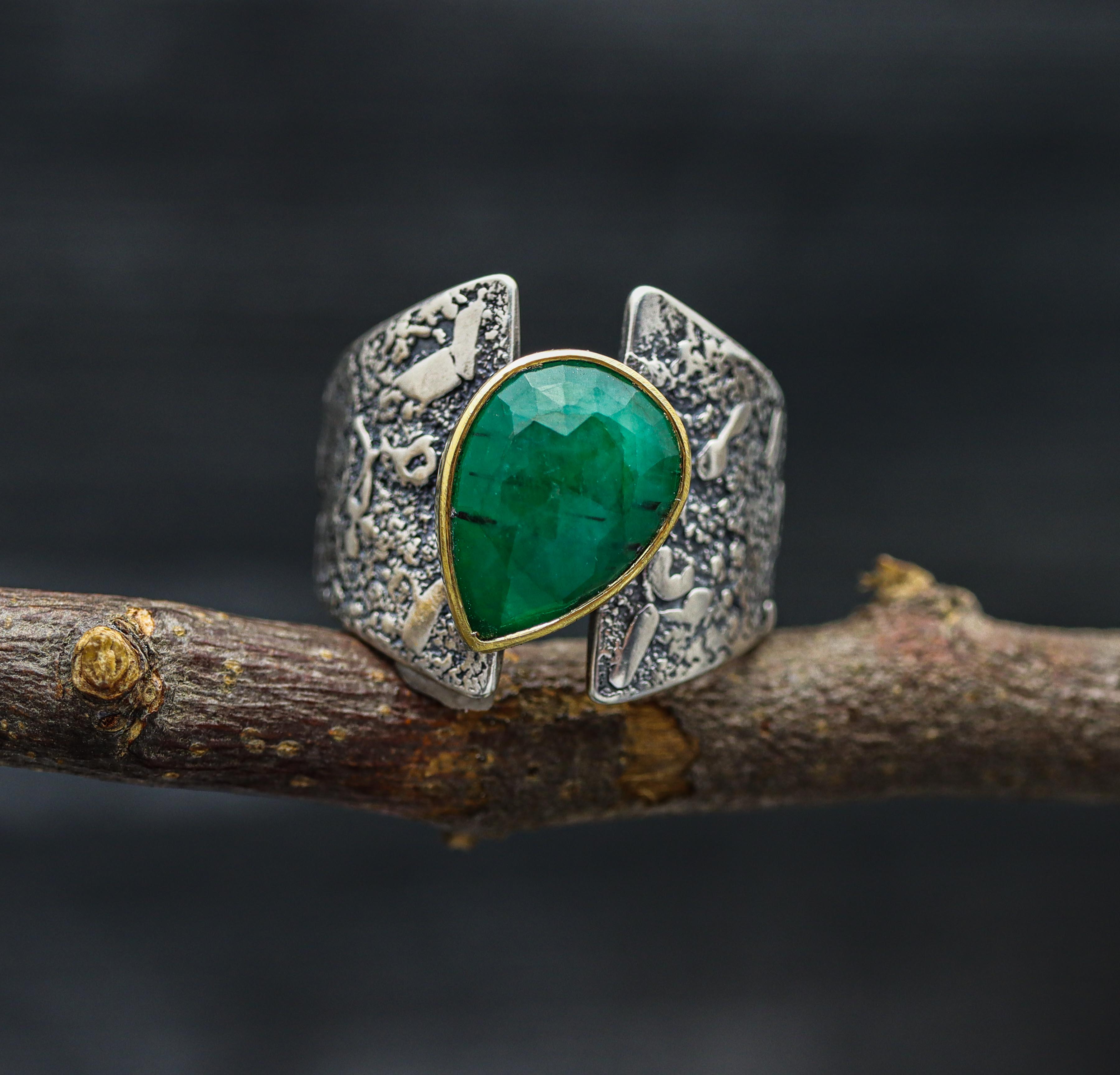 Emerald Sterling Silver and 22k Gold Wide Band Ring