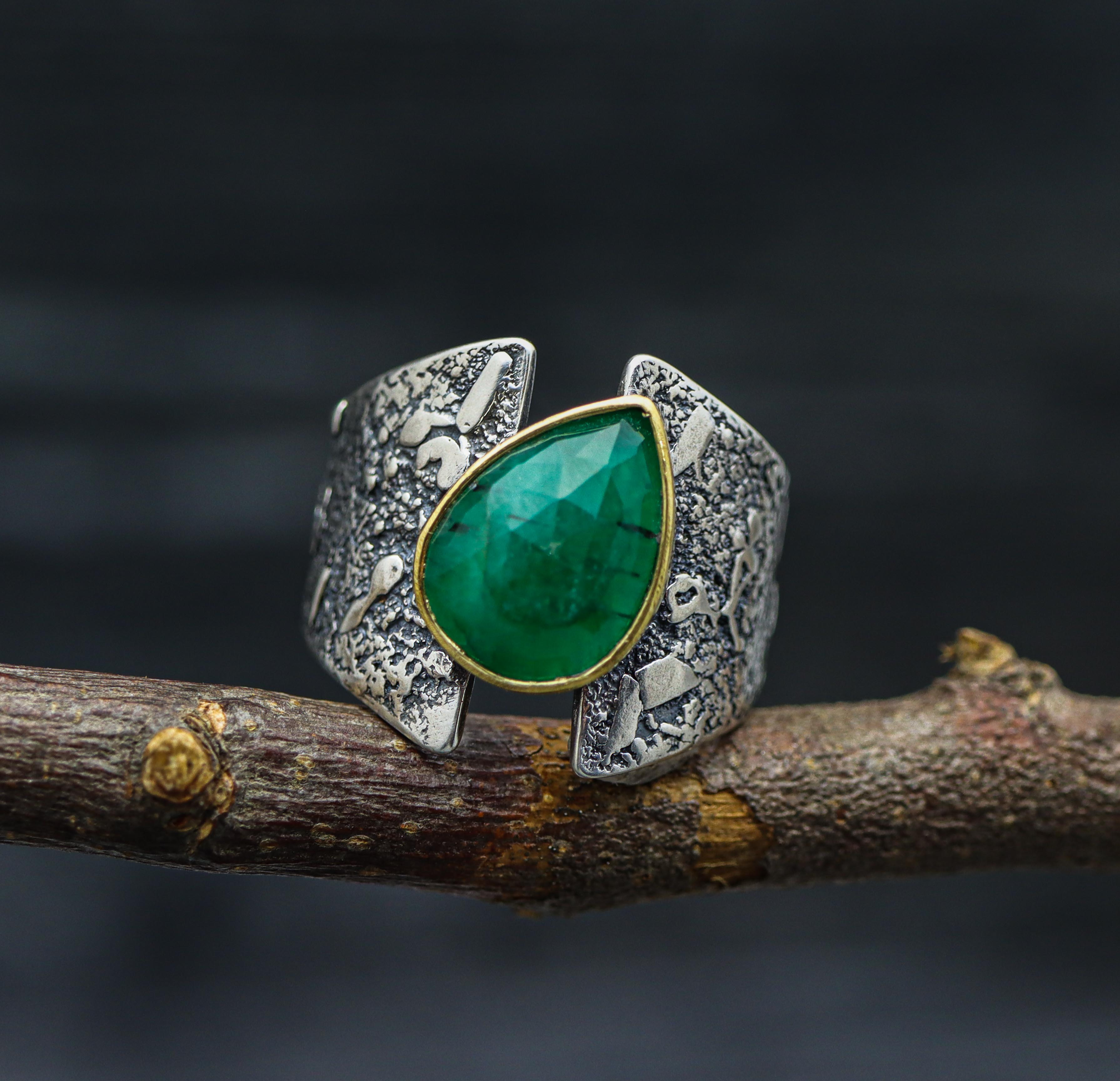 Emerald Sterling Silver and 22k Gold Wide Band Ring