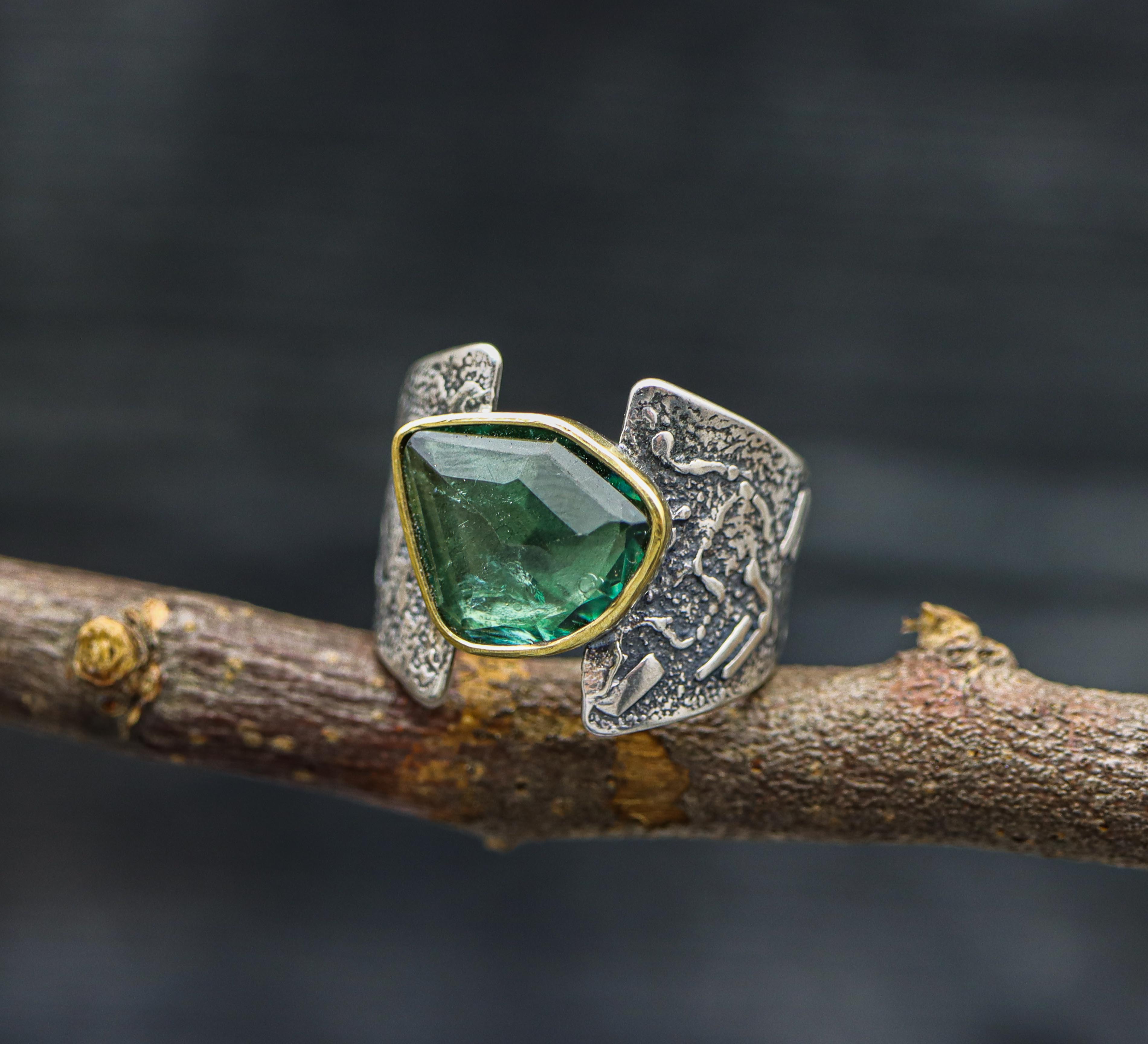 Blue Tourmaline Sterling Silver and 22k Gold Wide Band Ring