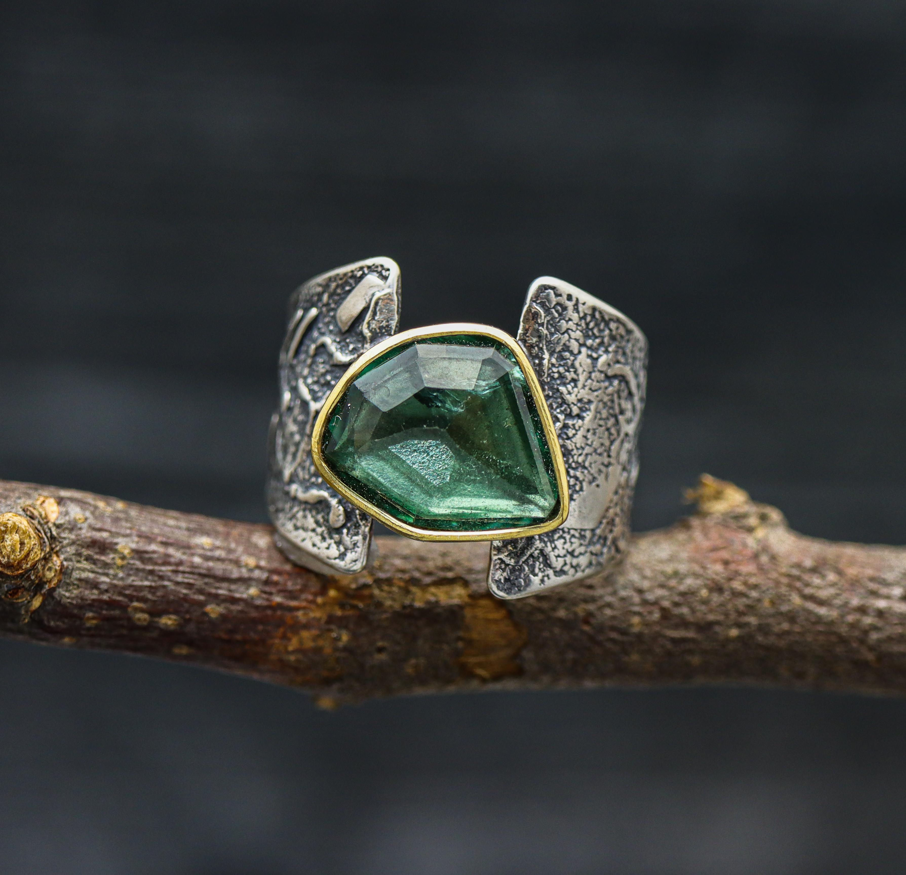 Blue Tourmaline Sterling Silver and 22k Gold Wide Band Ring