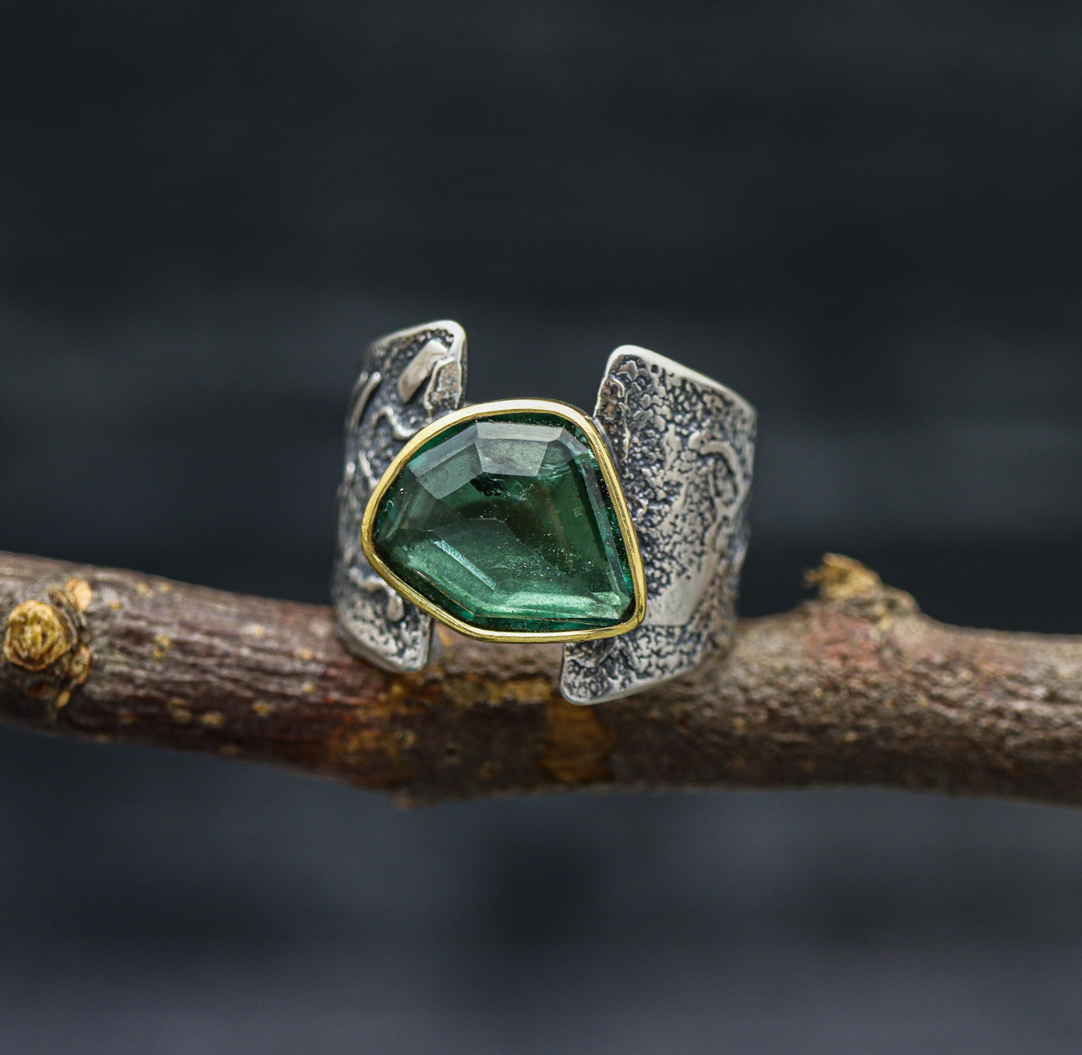 Blue Tourmaline Sterling Silver and 22k Gold Wide Band Ring