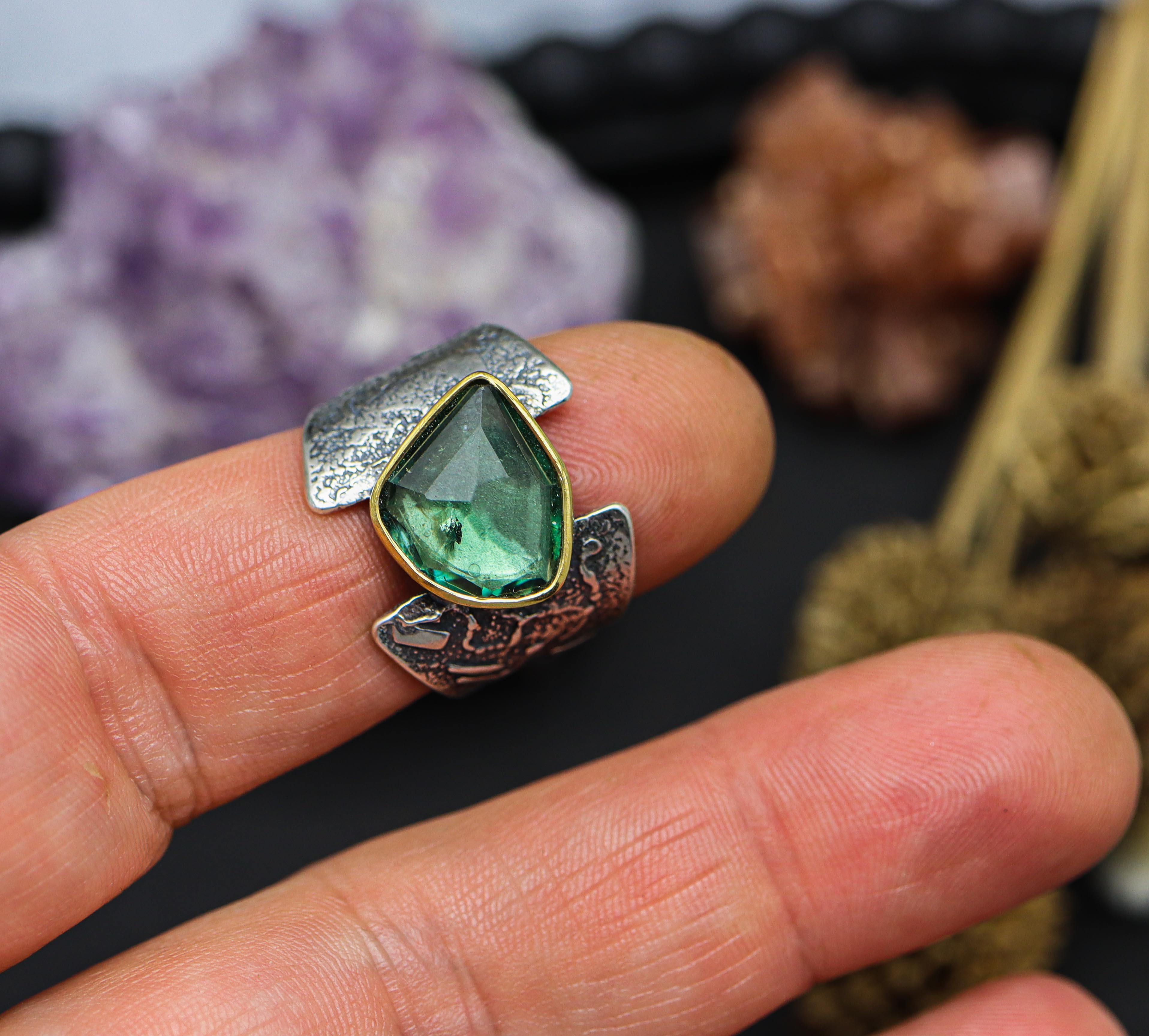 Blue Tourmaline Sterling Silver and 22k Gold Wide Band Ring