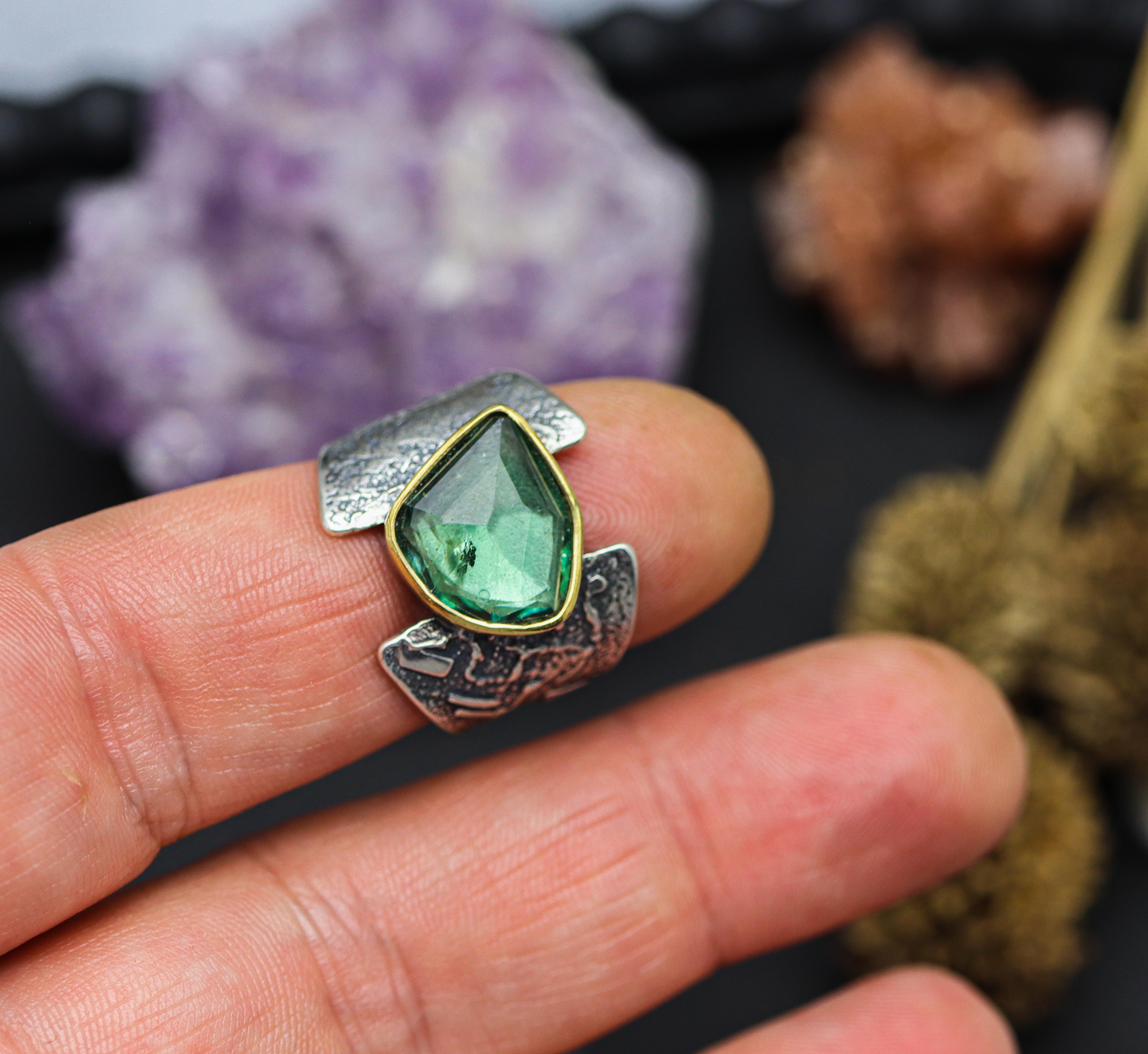 Blue Tourmaline Sterling Silver and 22k Gold Wide Band Ring