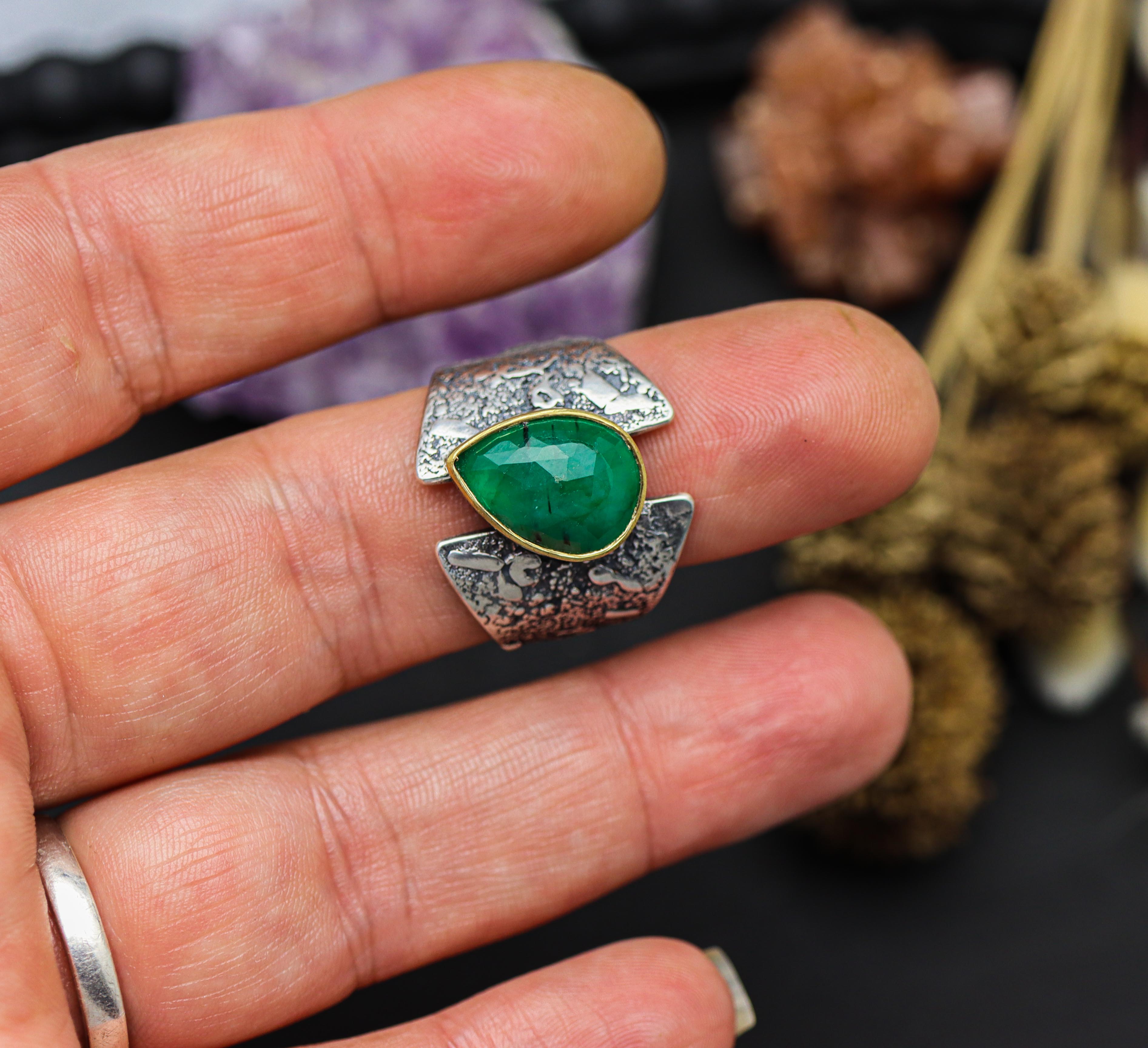 Emerald Sterling Silver and 22k Gold Wide Band Ring