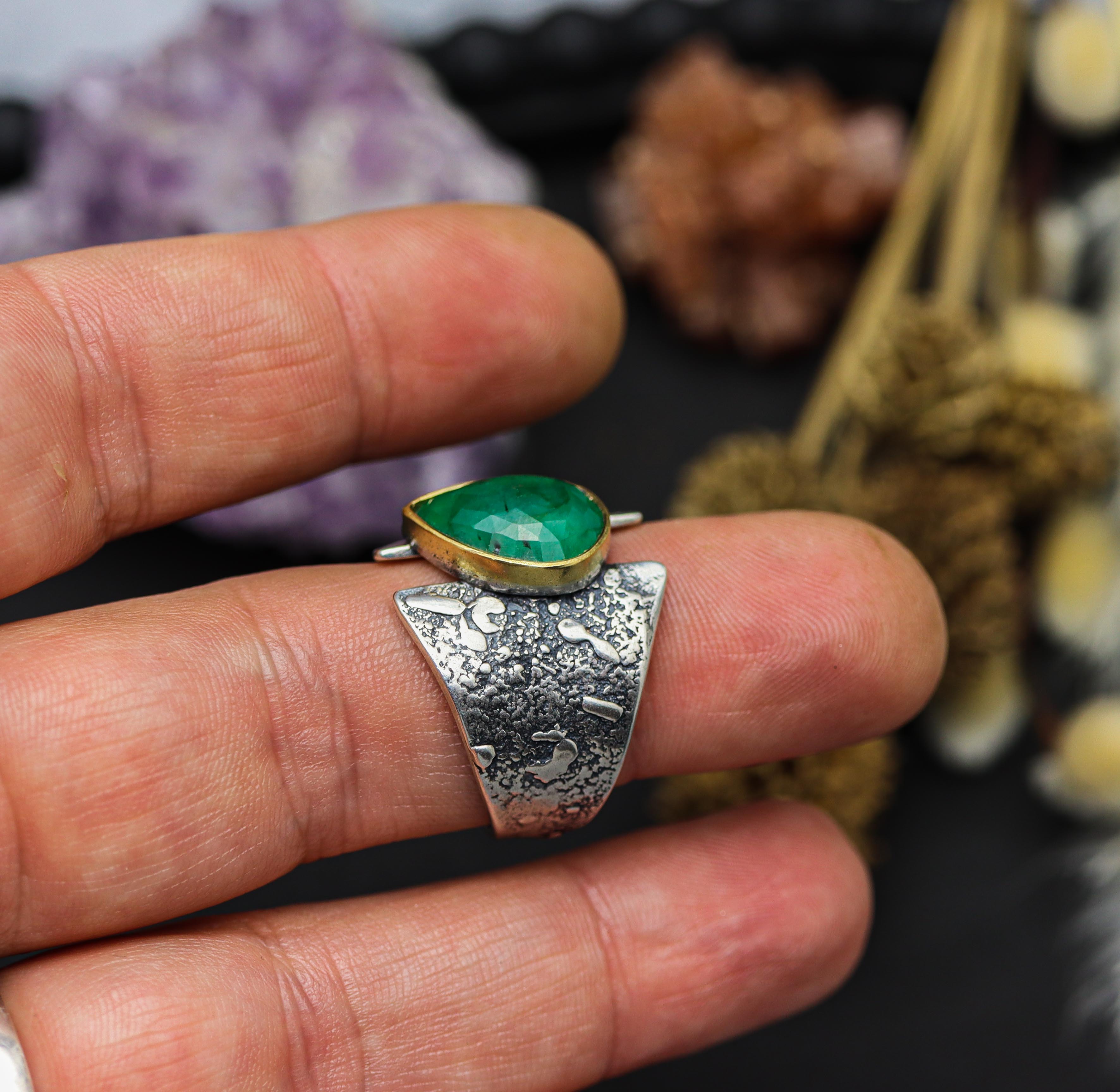 Emerald Sterling Silver and 22k Gold Wide Band Ring