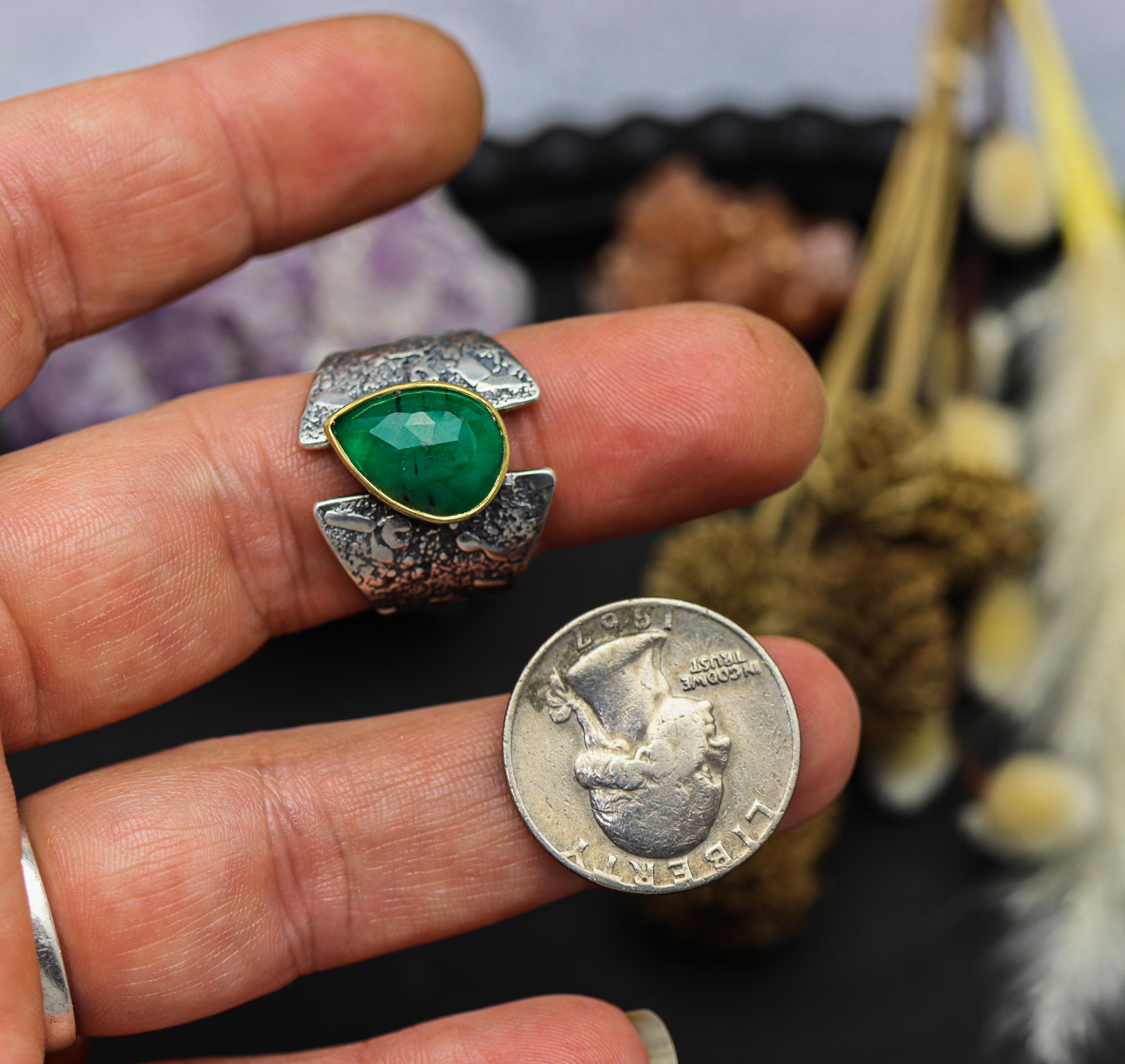 Emerald Sterling Silver and 22k Gold Wide Band Ring