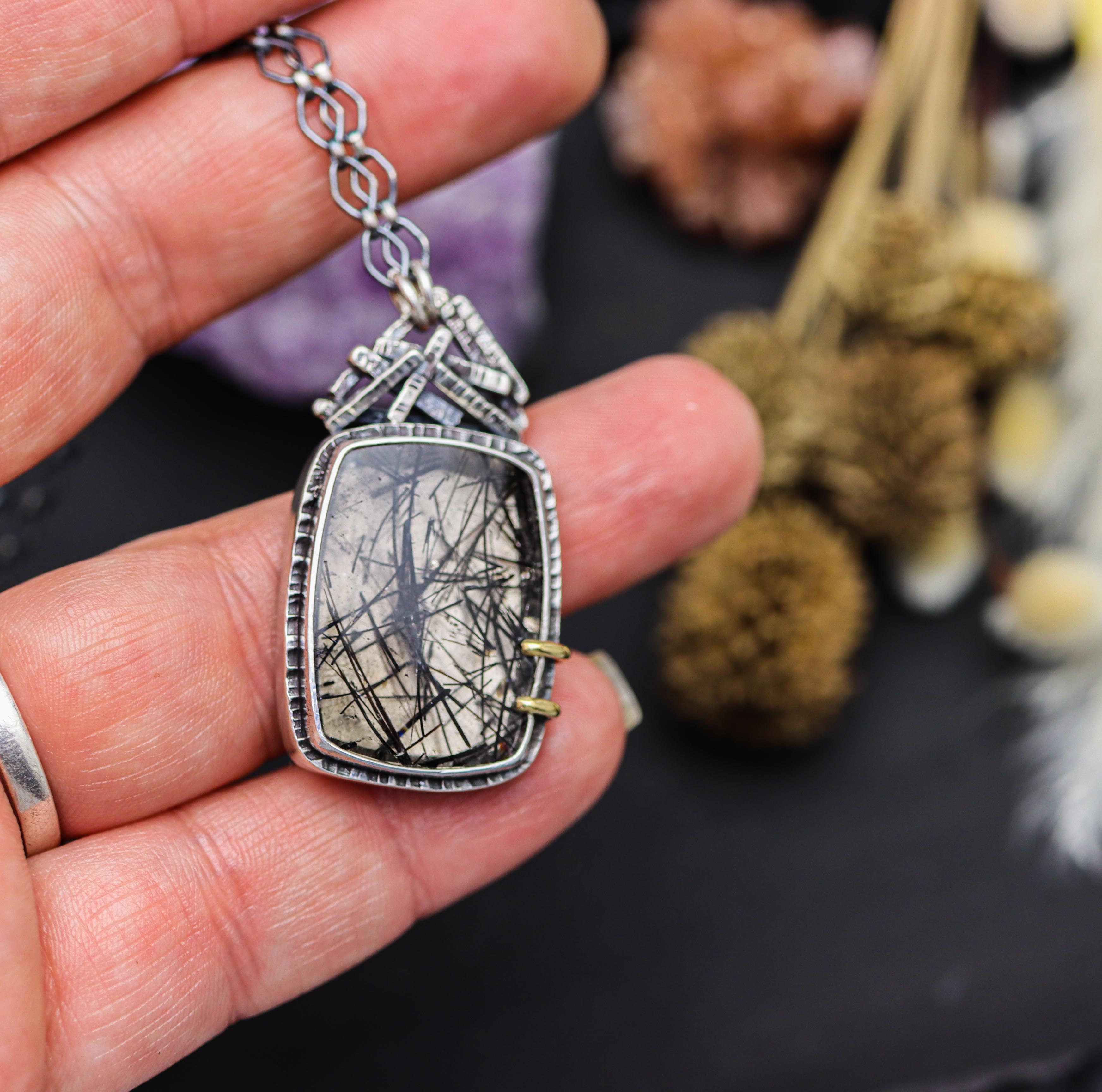 Tourmalinated Quartz Pendant with Sterling Silver and 18k Gold